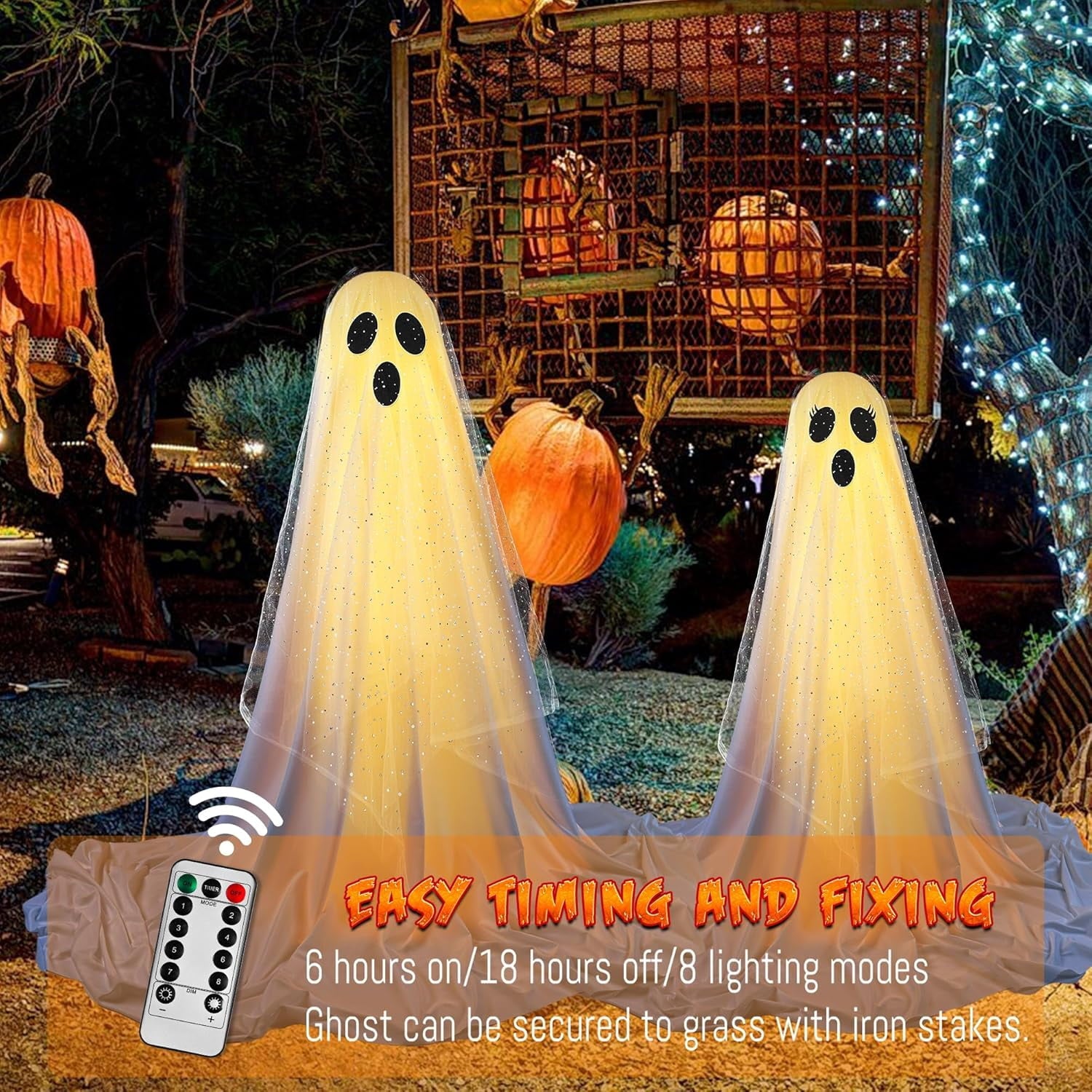 2-Pack Halloween Decorations Outdoor, Halloween Party Decorations Indoor, Ghost Decorations with Remote Control String Lights, Halloween Ghost Lights Suitable for Porch, Courtyard, Garden, Lawn