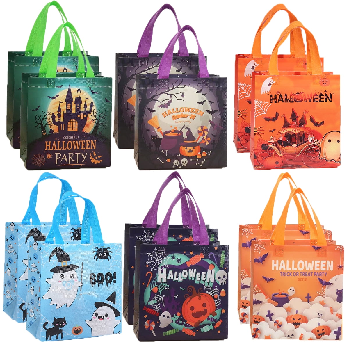 12 Packs Halloween Trick or Treat Bags, Reusable Non-Woven Gift Tote With Handles, Goodie Bags for Party Supplies, 9.06*8.66*4.33