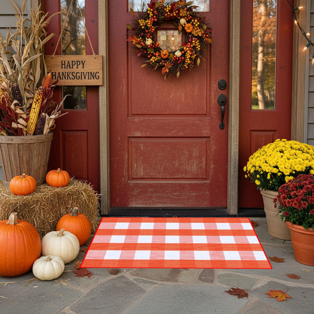 Halloween Fall Outdoor Rug Plaid Rug Foldable Floor Mat for Thanksgiving Front Door Front Porch Farmhouse Entryway Patio Decoration