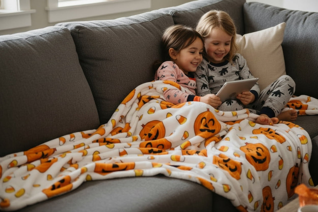 Serafina Home Halloween Throw Blanket: Fuzzy Boo! Jack O'Lantern Spider Webs Skull and Black Cats Print on Velvet Fleece for Sofa Bed Couch Chair Dorm