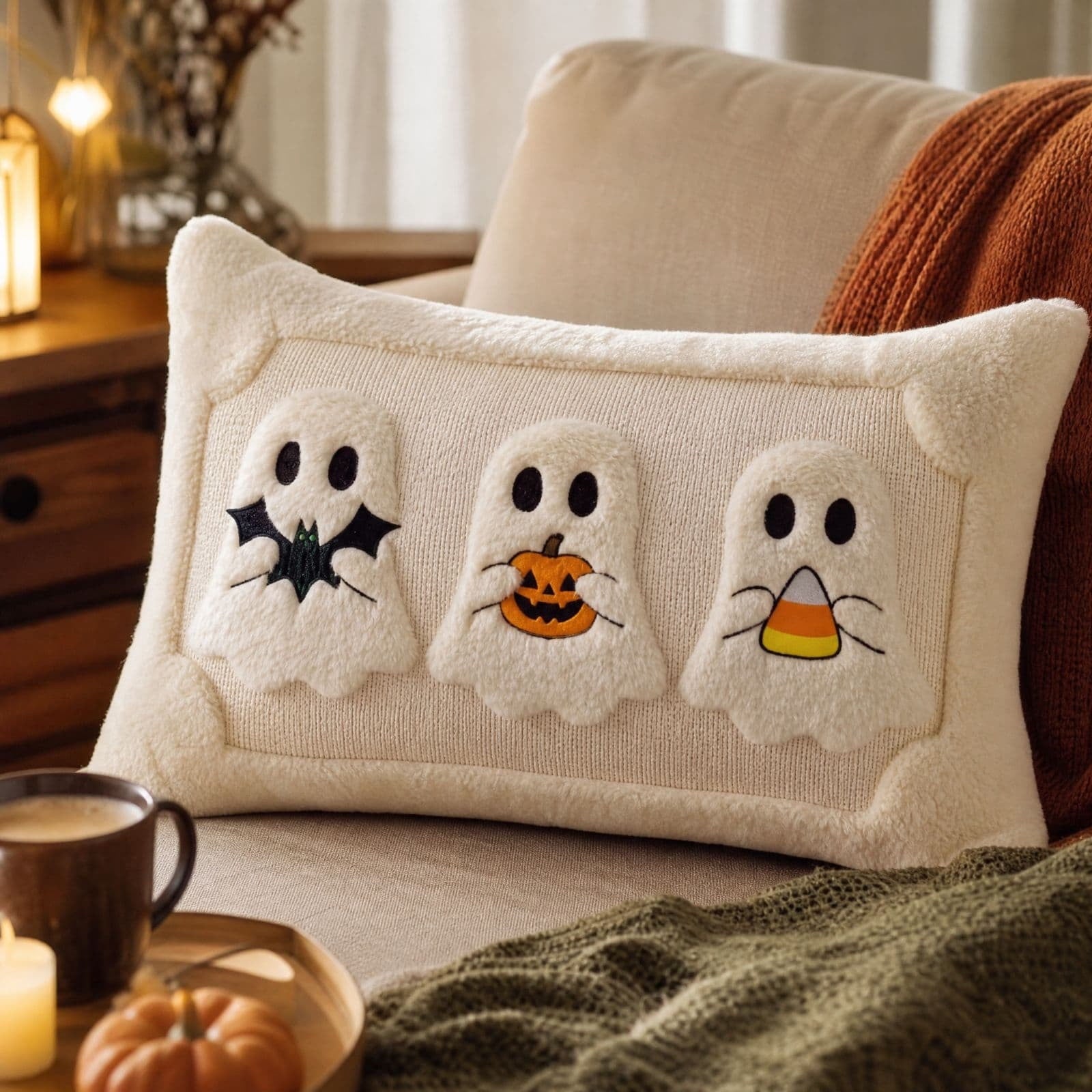 Halloween Ghost Reading Book Throw Pillow Cover, Spooky Library Bookshelf Skull Candlestick Decorative Pillowcase, Retro Halloween Cushion Cover