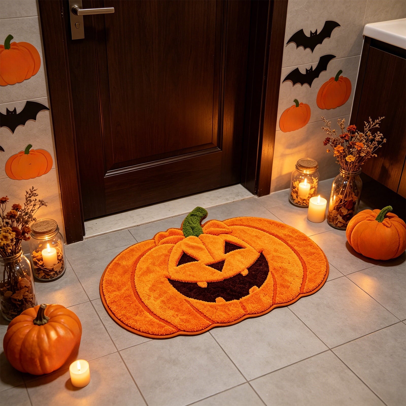 BZPIZ Halloween Cute Pumpkin Door Mat for Front Door, Doormat Outside Entrance, Halloween Decor for Porch and Entryway, Indoor & Outdoor Use Orange