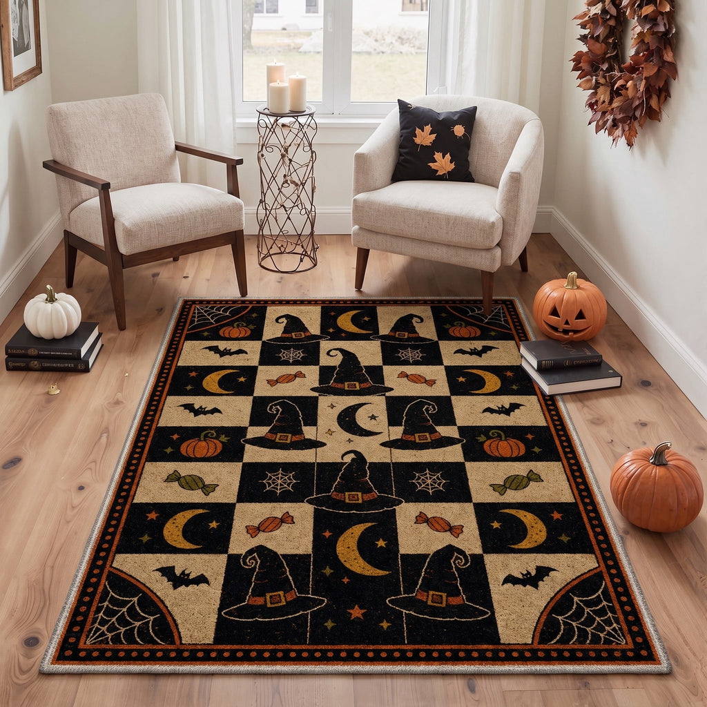 GENIMO 5'x7' Halloween Area Rug for Living Room, Washable Non Slip Soft Vintage Witch Indoor Rug for Bedroom Dining Room Home Office, Retro Sepia