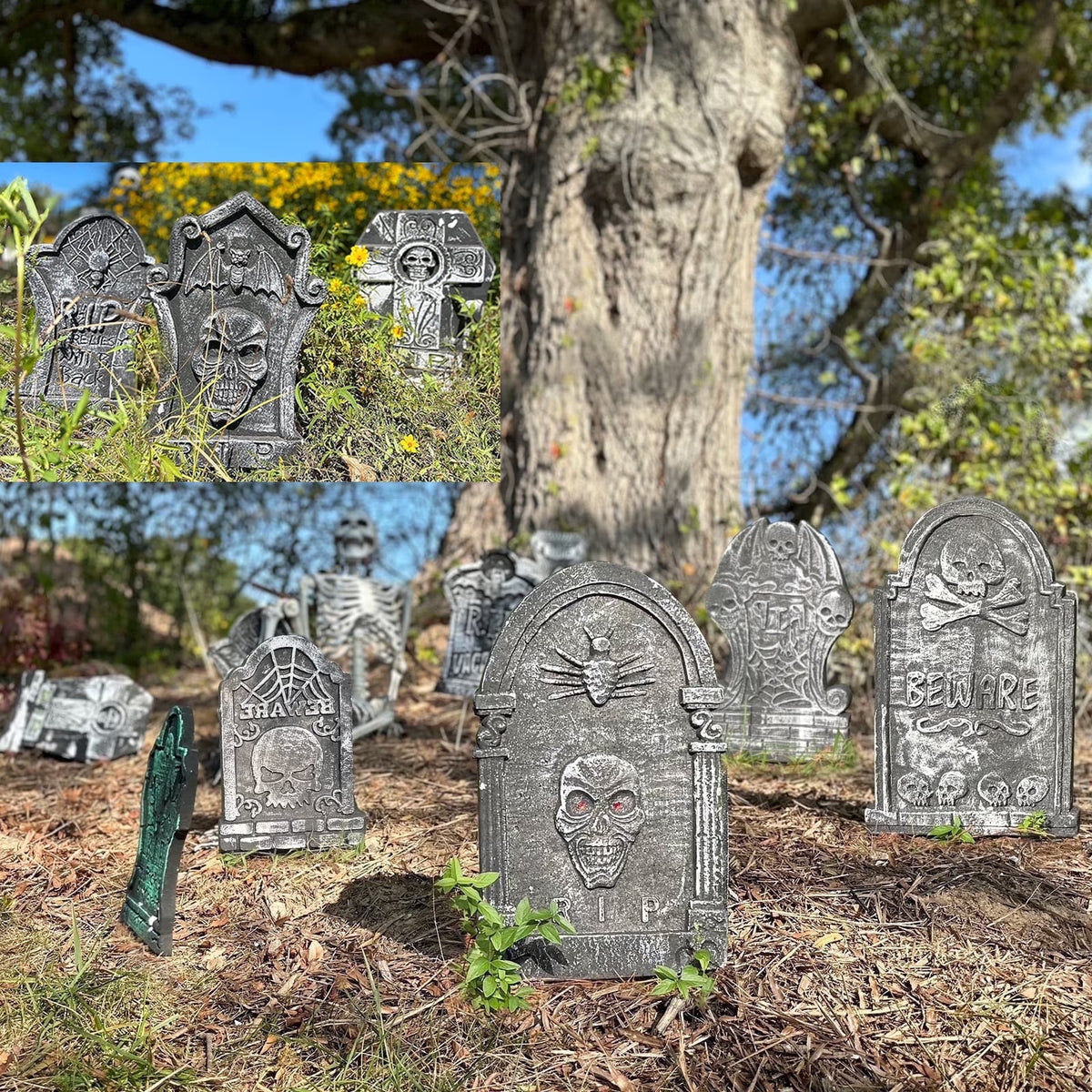 Gamexcel 3-Pack Large 17" Halloween Foam RIP Tombstones with Stakes - Graveyard Lawn Decorations for Spooky Haunted House Decor