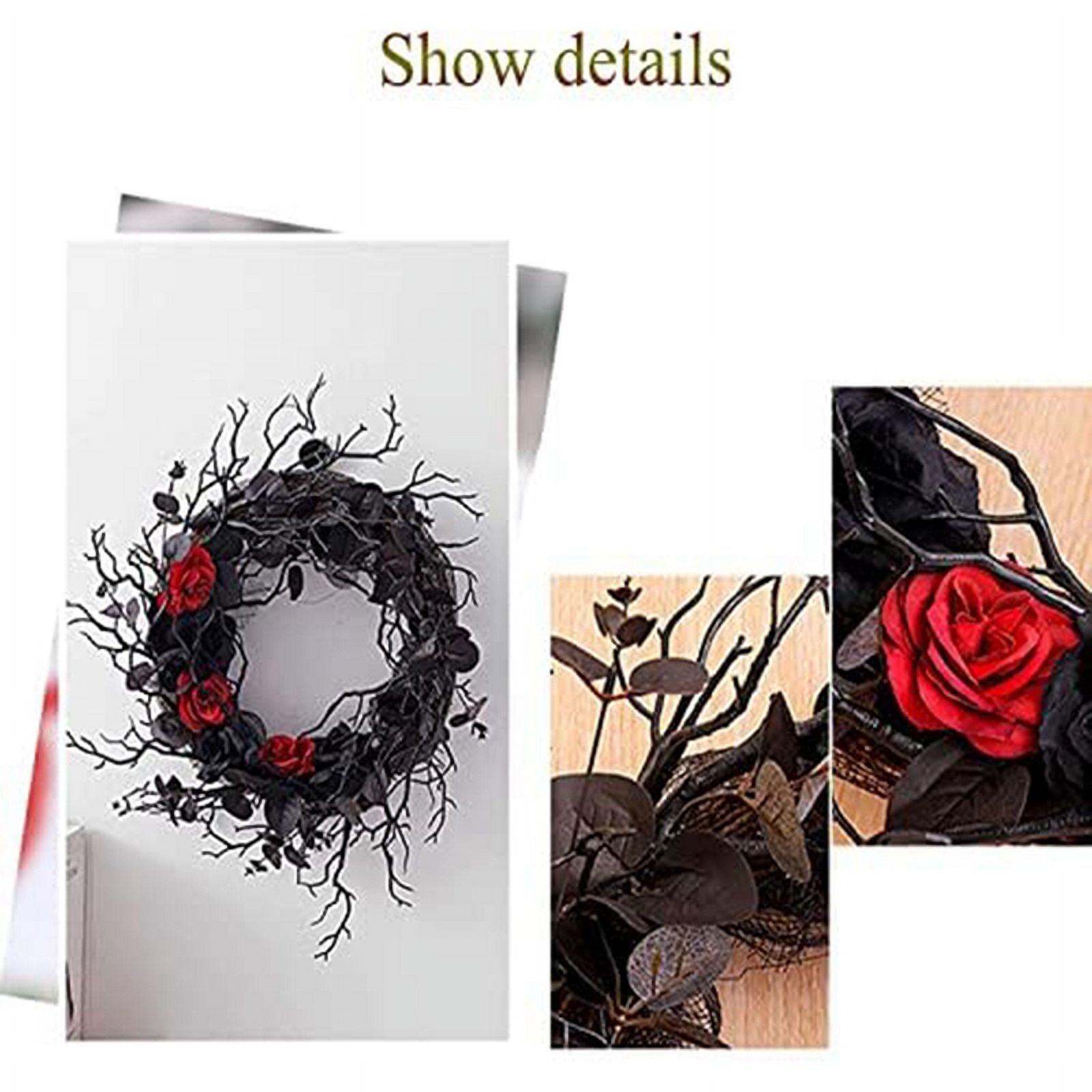Black Halloween Door-Wreath with Red Rose Wreath for Front Door Black Wreath for Gothic Halloween Home Decor