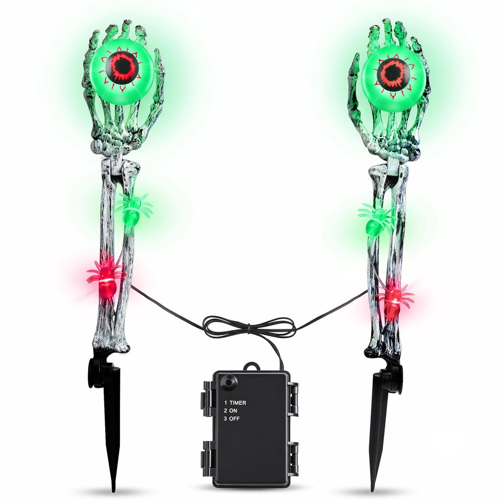 Toodour Halloween Pathway Lights Outdoor, Battery Operated Halloween Skeleton Hands with Light Up Eyeballs & Spiders, Waterproof Halloween Decor for Walkway Garden Yard Lawn, Red