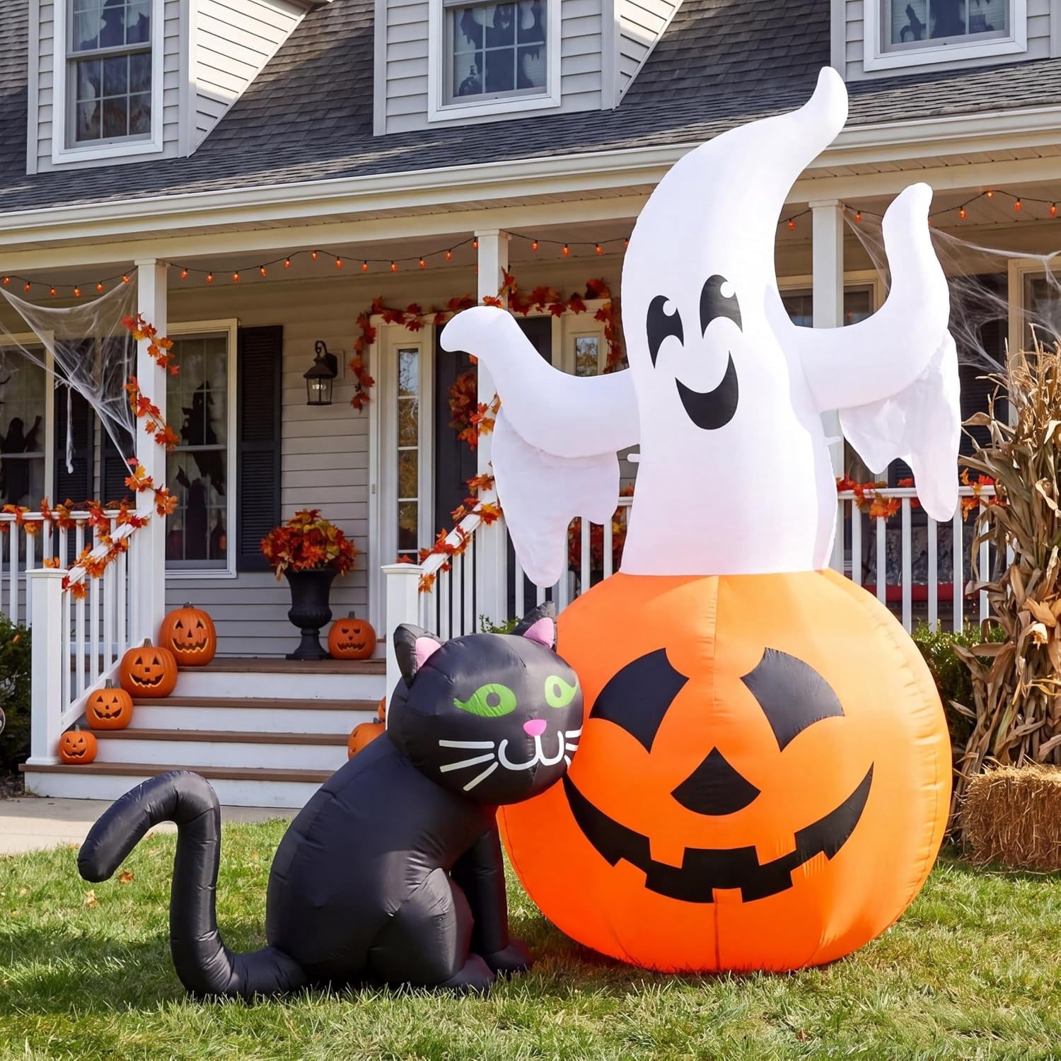 Joyfy 5ft Halloween Inflatables Light up Cute Ghost,Blow Up Ghost Lift Pumpkin Candy Bag with Build-in LEDs for Yard Decorations