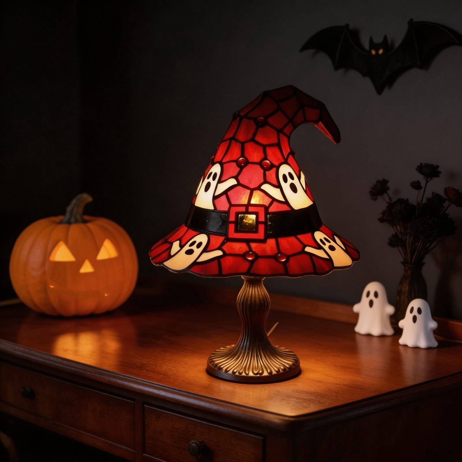 Clearance Halloween Table Lamp Decorations, Witch Hat Lamp Gifts - Handcrafted Retro Resin Witch Lamp, USB Powered Gothic Wizard Hats Night Light, Home Decor Accent Lamps for Bedroom