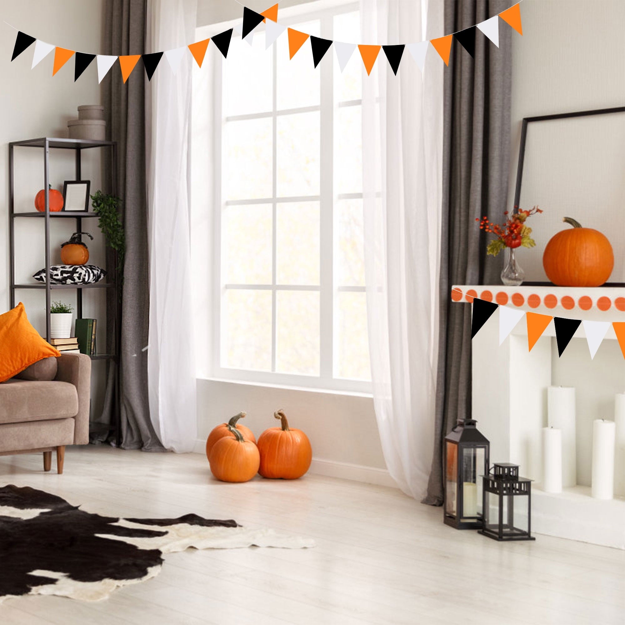 Tripumer 120 Pcs Triangle Flag Banner String for Halloween Decorations 164ft Birthday Hanging Flag for Birthday Party Mardi Gras Outdoor Event Decorations - Black+White+Orange