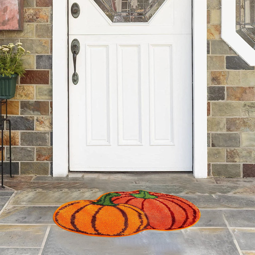 Orange Plaid Fall Outdoor Mat, Hand-Woven Porch Rug for Thanksgiving Halloween Door Decor