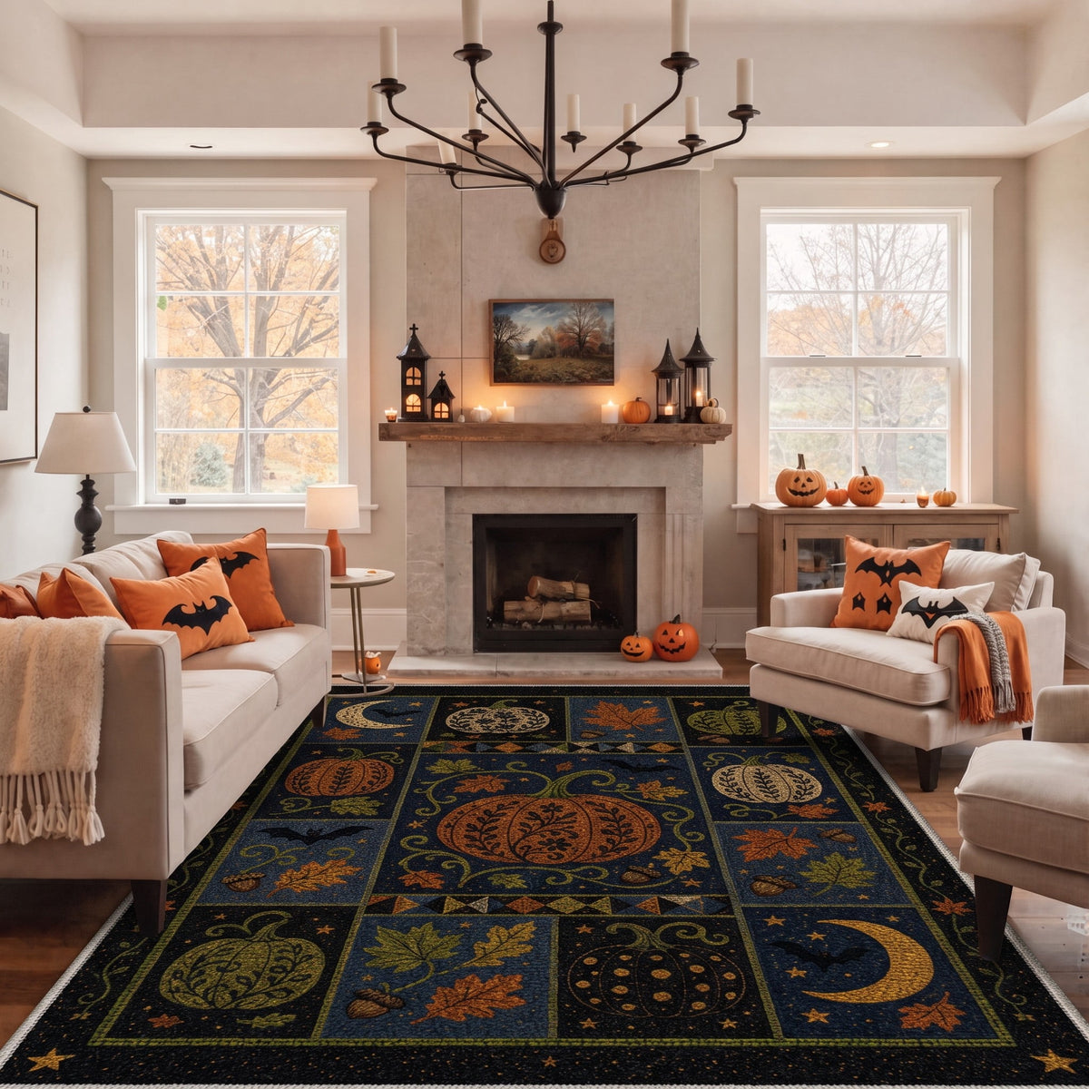 GENIMO 5'x7' Halloween Area Rug for Living Room, Washable Non Slip Soft Vintage Witch Indoor Rug for Bedroom Dining Room Home Office, Retro Sepia