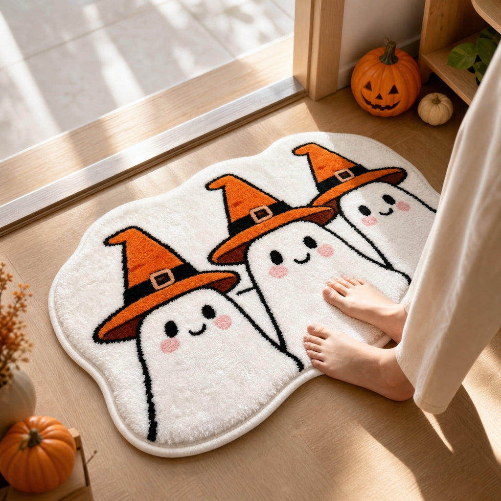 Halloween Doormat Ghost Bath Mat 23.6x15.7in Secure-Grip Absorbent Soft Faux Fur Rug for Bathroom Bedroom Living Room Decor by OVFUIZ