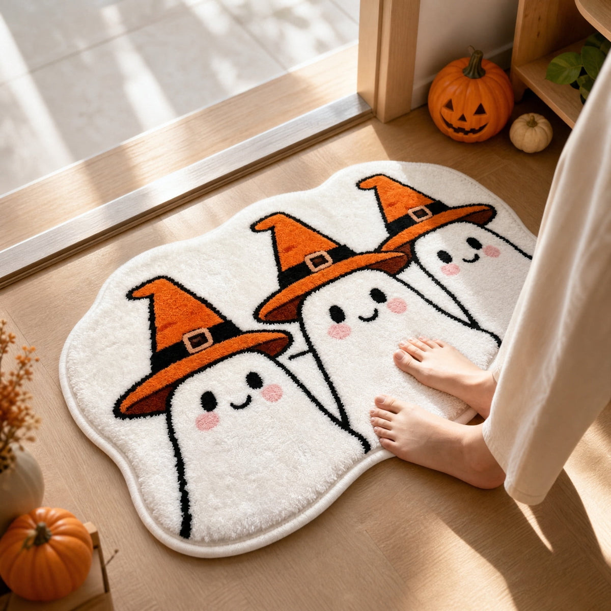 Halloween Doormat Ghost Bath Mat 23.6x15.7in Secure-Grip Absorbent Soft Faux Fur Rug for Bathroom Bedroom Living Room Decor by OVFUIZ
