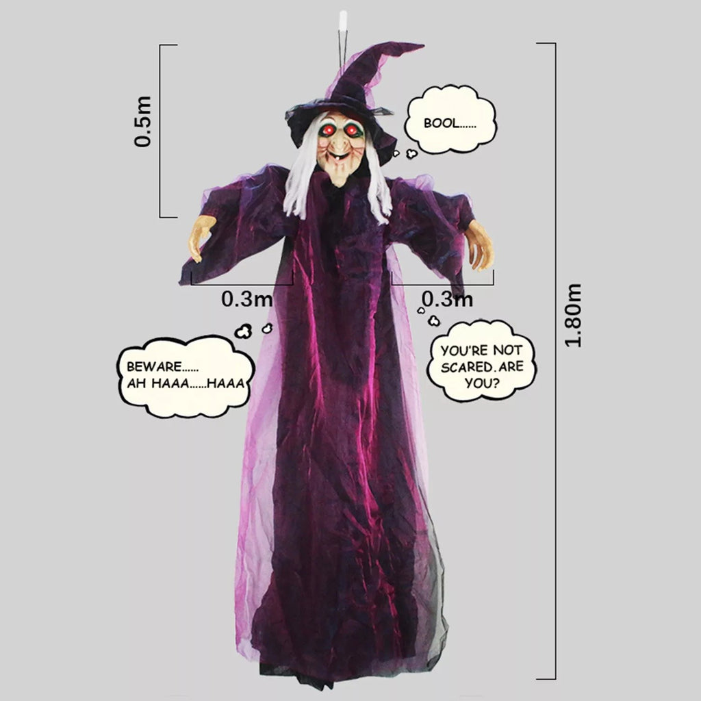 COSTYLE 71" Halloween Hanging Flying Witch, Talking Animated Witch Light Up Eyes Sound Activated, Outdoor Halloween Decorations Haunted House Prop