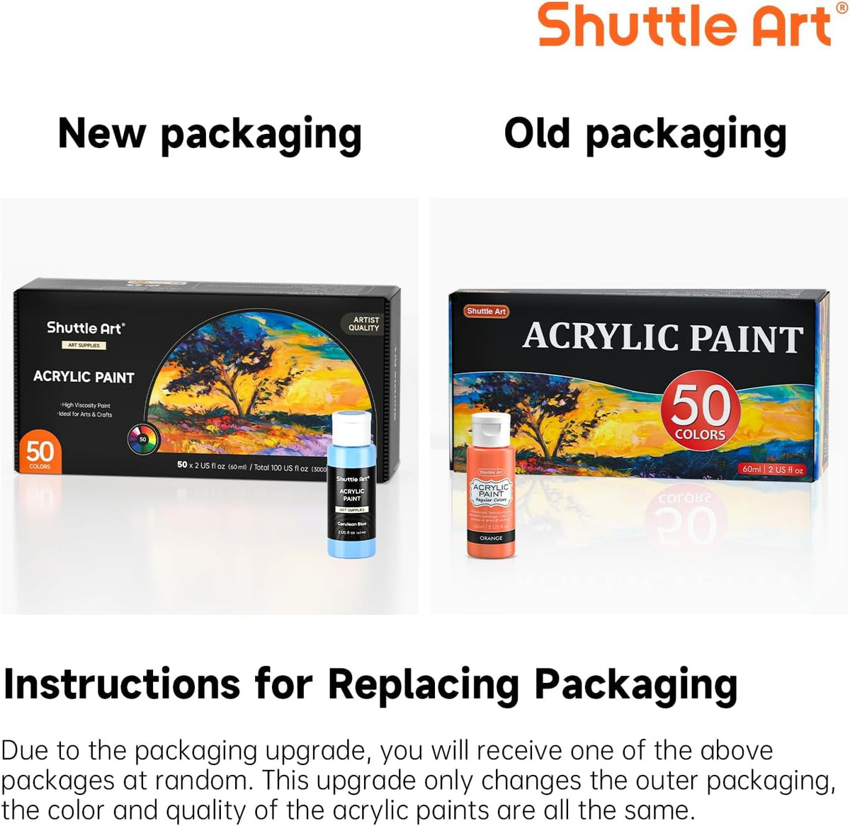 Acrylic Paint, Shuttle Art 50 Colors Acrylic Paint Set, 2oz/60ml Bottles, Rich Pigmented, Water Proof, Acrylic Paints for Artists, Beginners on Canvas Rocks Wood Ceramic Fabric