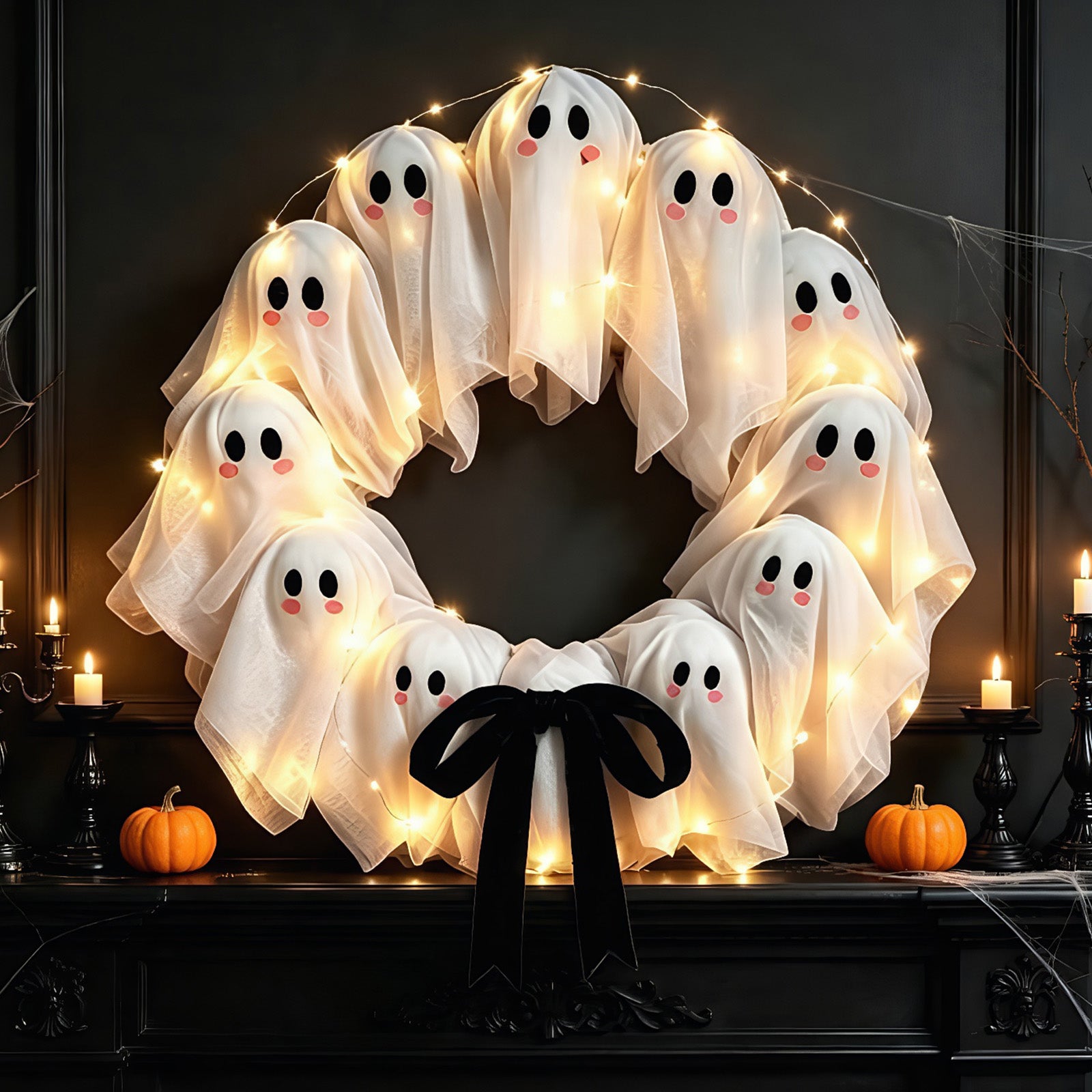 Halloween Glowing Ghost Wreath, Light-up Spooky Wreath with 12 Ghost Decor, RC, 6H Timer, Ideal for Halloween Party (A 12x3inch)