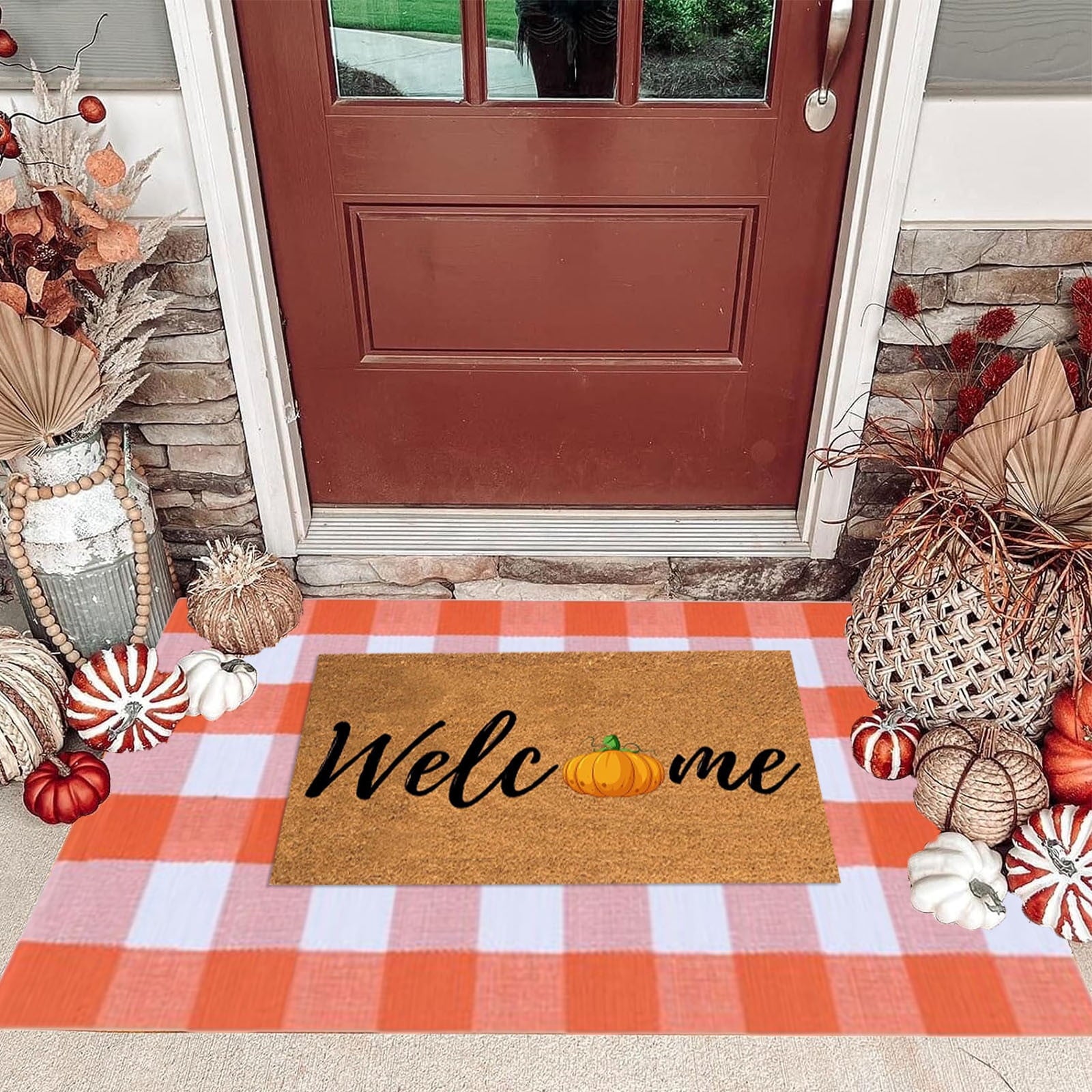 Fnochy Halloween Door Mat Outdoor 23.6"x35.4", Fall Decor Buffalo Plaid Outdoor Rug, Farmhouse Checkered Layered Welcome Door Mat for Entryway, Halloween Front Porch Decor, Orange and White