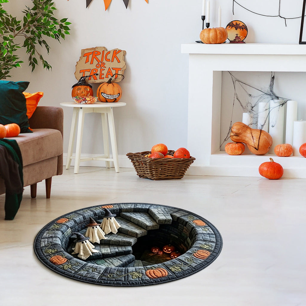 Clearance Hotyverty 3D Halloween Round Rug Halloween Ghost Pumpkin Quilted Round Mat, Halloween Quilted Round Rug 3D Illusion, Soft & Durable Fabric Non-Slip Modern Home Decor (40cm/15.75in, A)