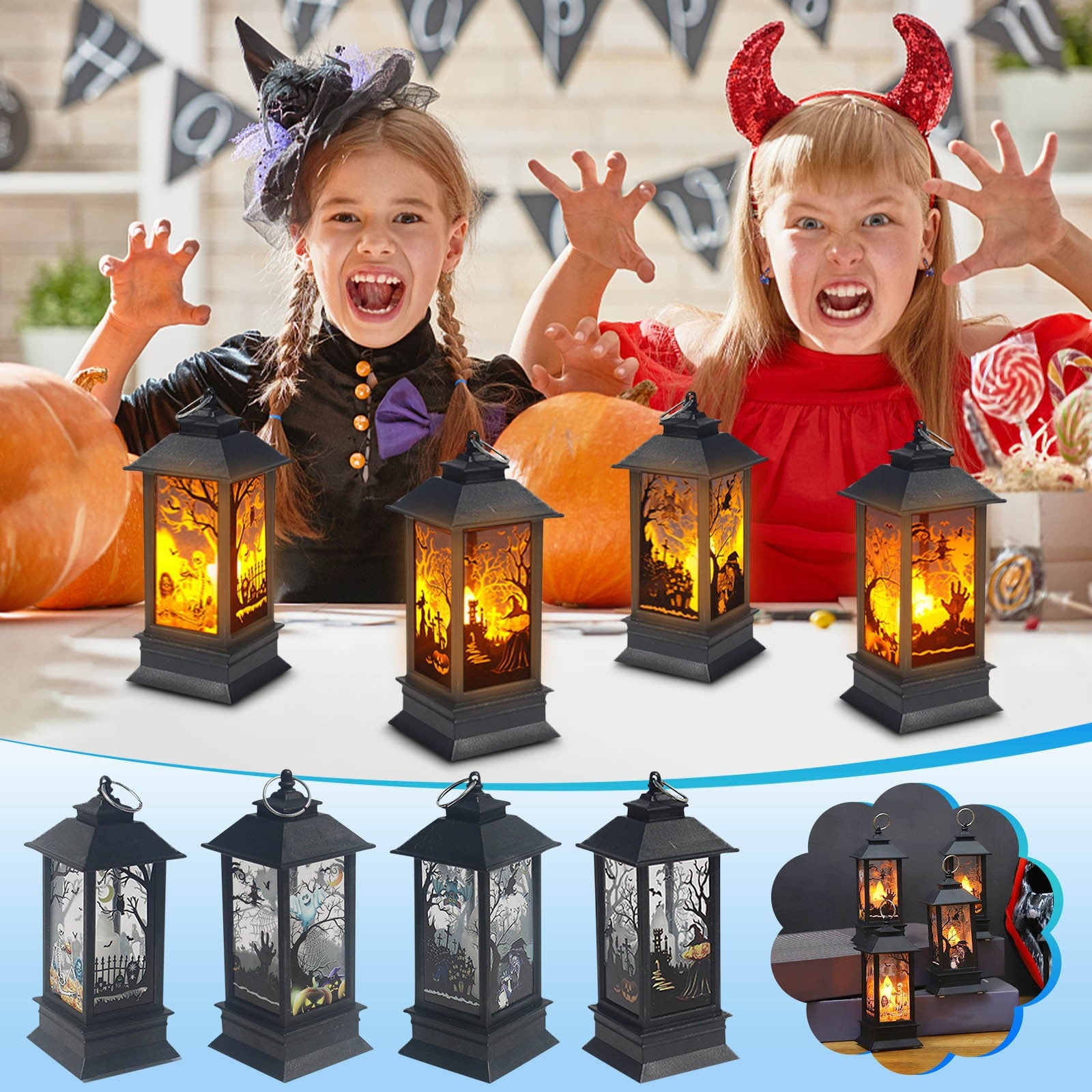 Lhrmh Halloween Decor - LED LED Hanging Lamp Candle Lantern with Skeleton and Pumpkin Designs for Portable Spooky Lighting