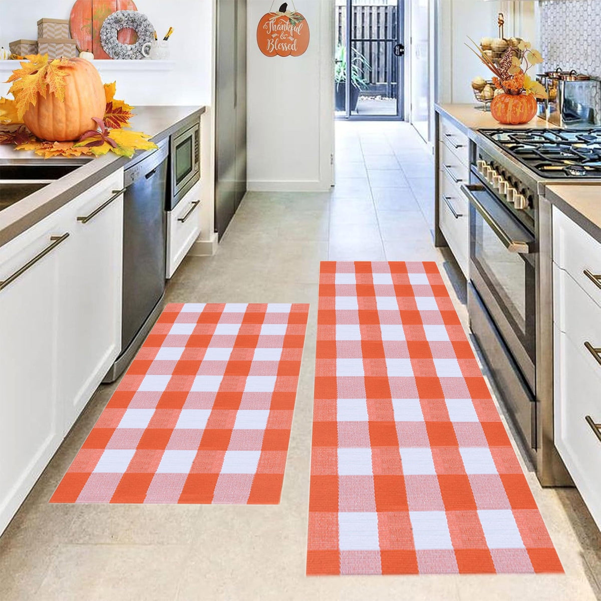 Guozer Fall Outdoor Rug Orange Plaid Outdoor Rug Cotton Hand-Woven Check Rug Layered Doormats For Front Door/Front Porch/Farmhouses/Entryway/Patio 23.6''x 35.4''