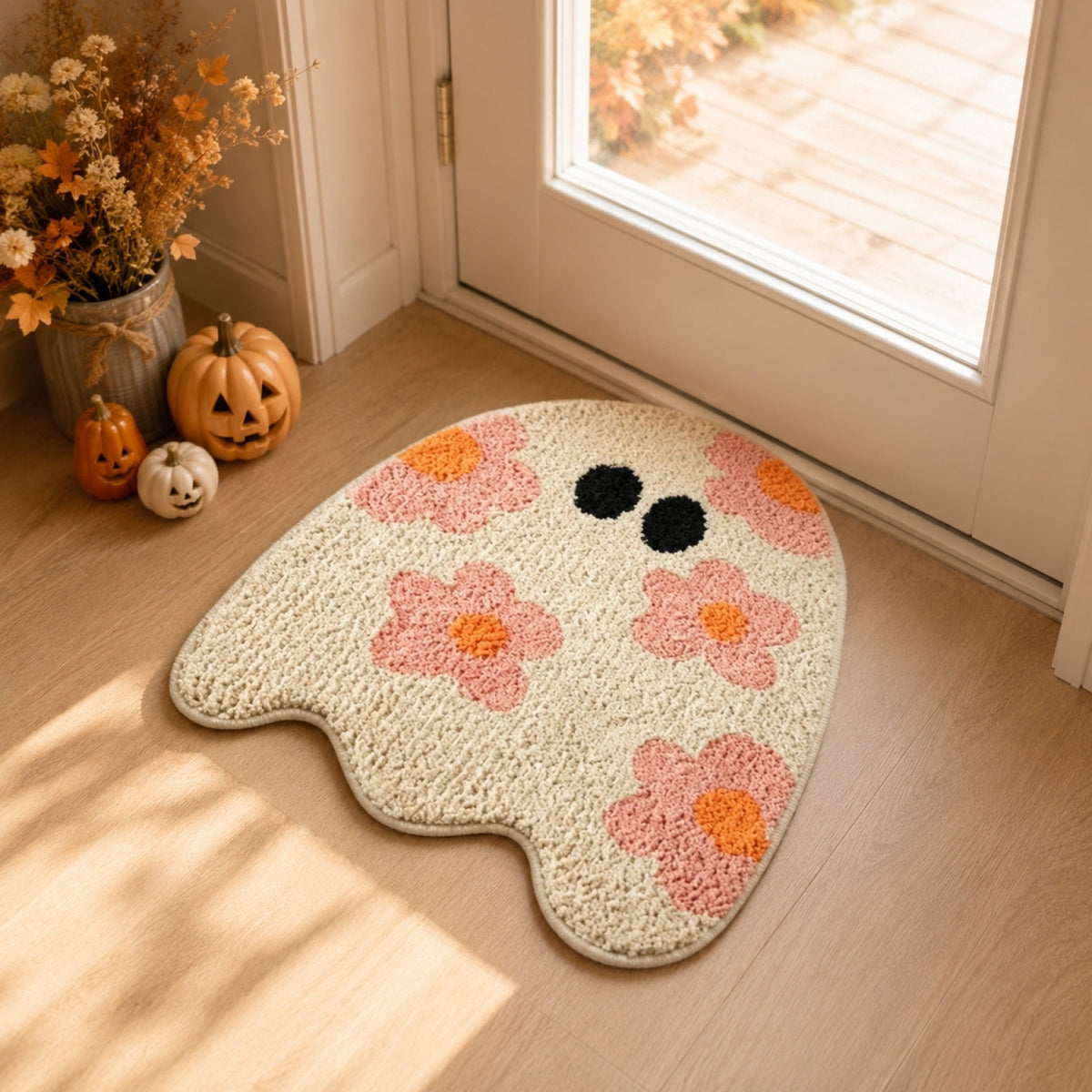 Pinks Ghost Doormat with Floral Patterns Irregular Halloween Cute Rug Non Slipes for Front Porch Indoor Outdoor