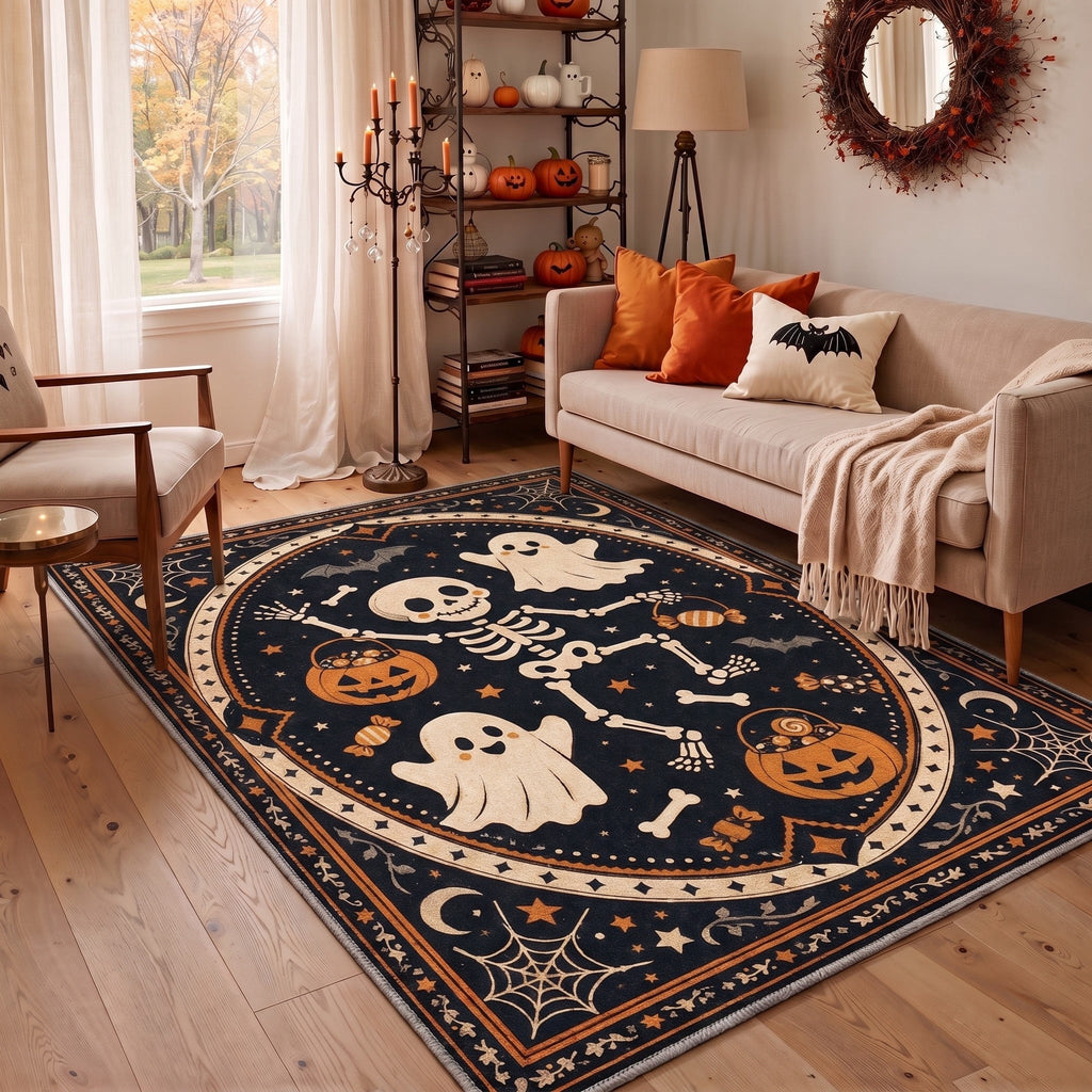 GENIMO 5'x7' Halloween Area Rug for Living Room, Washable Non Slip Soft Vintage Witch Indoor Rug for Bedroom Dining Room Home Office, Retro Sepia
