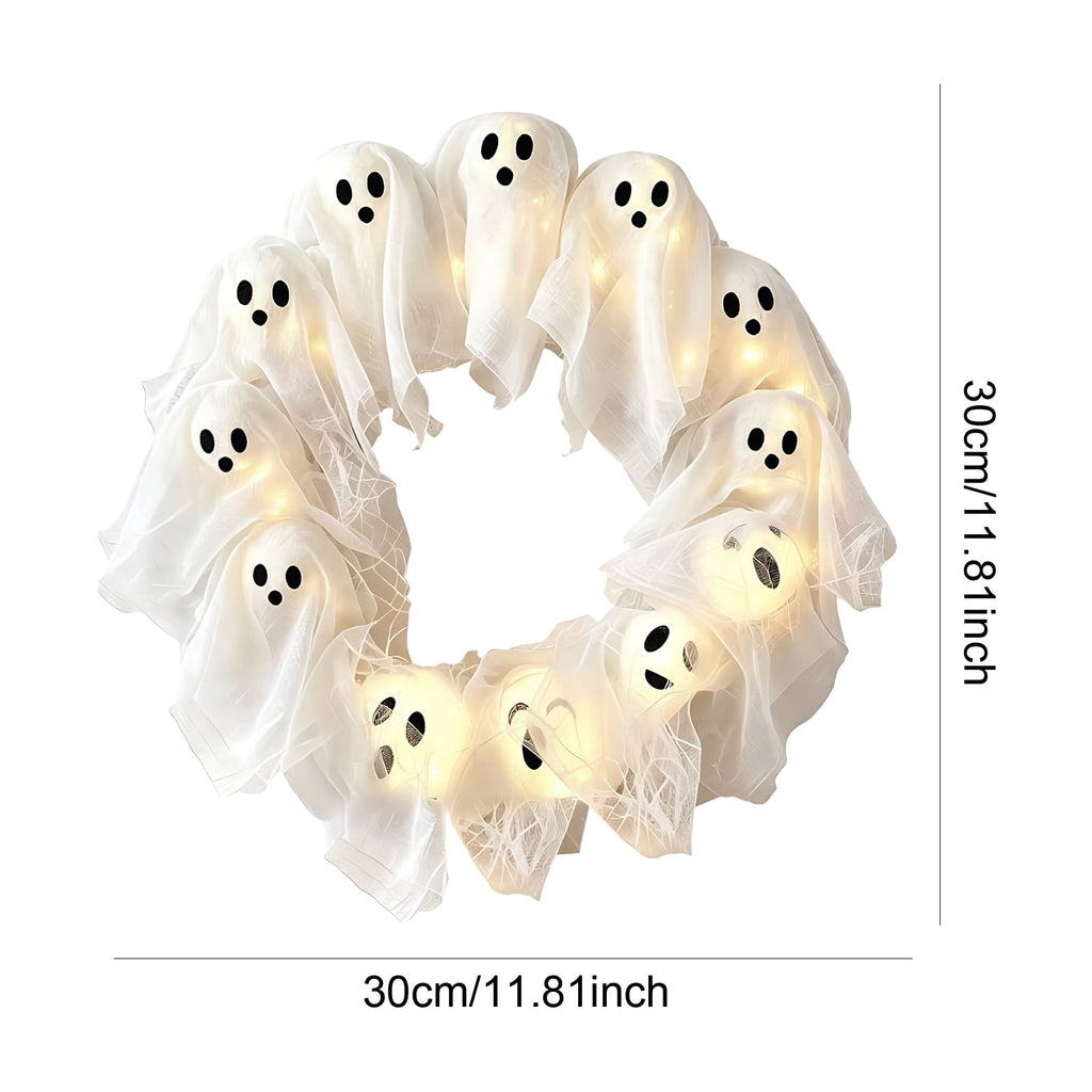 Halloween Glowing Ghost Wreath, Light-up Spooky Wreath with 12 Ghost Decor, RC, 6H Timer, Ideal for Halloween Party (A 12x3inch)