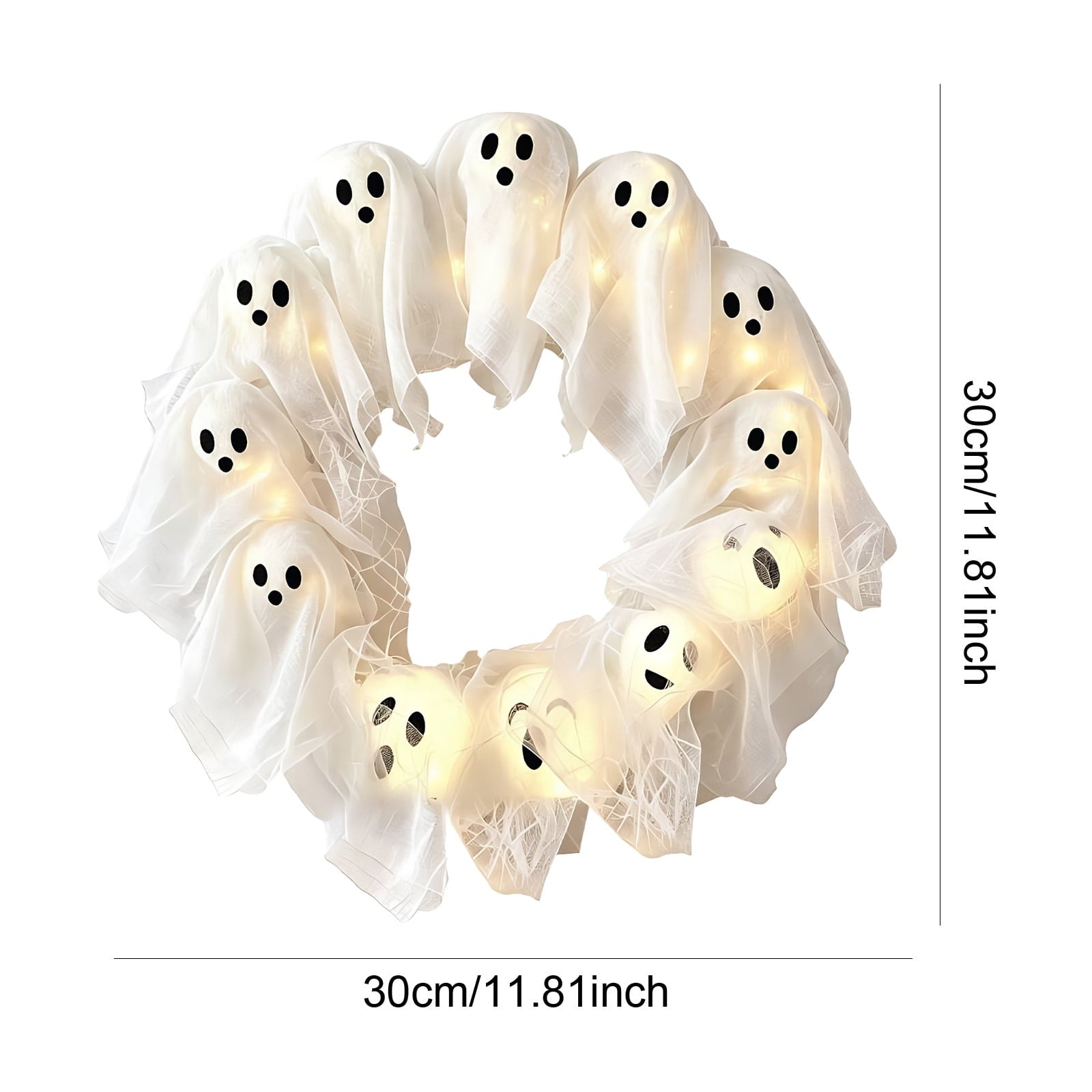 Halloween Glowing Ghost Wreath, Light-up Spooky Wreath with 12 Ghost Decor, RC, 6H Timer, Ideal for Halloween Party (A 12x3inch)