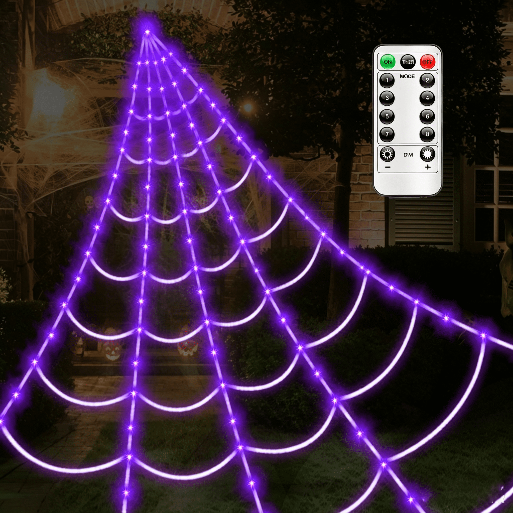 16.4Ft Large Spider Webs Halloween Decorations Lights, Outdoor Battery Operated Purple Halloween String Lights with 8 Modes Remote Control 125 LEDs Spiderweb,60" Large Spider,Waterproof (Purple)