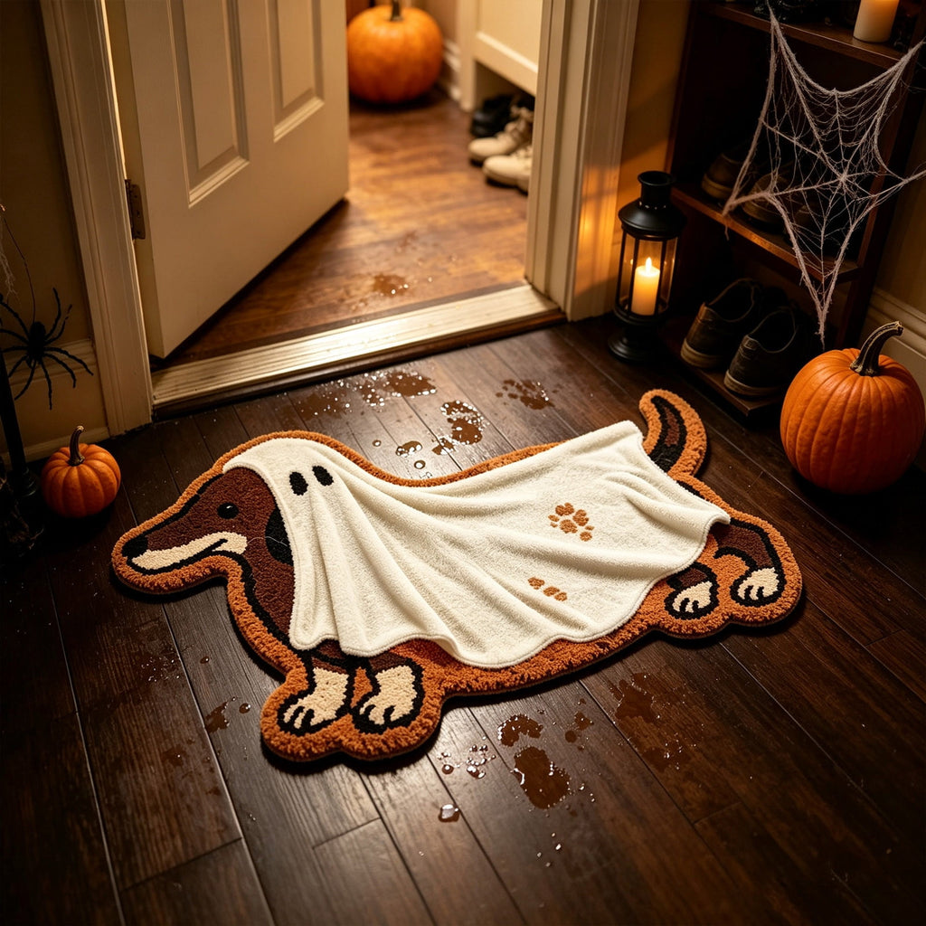 16"x24" Dachshund Ghost Doormat, Soft Faux Fur Non-Slip Halloween Floor Mat, Water Absorbent Entry Rug Spooky Decor Party Props