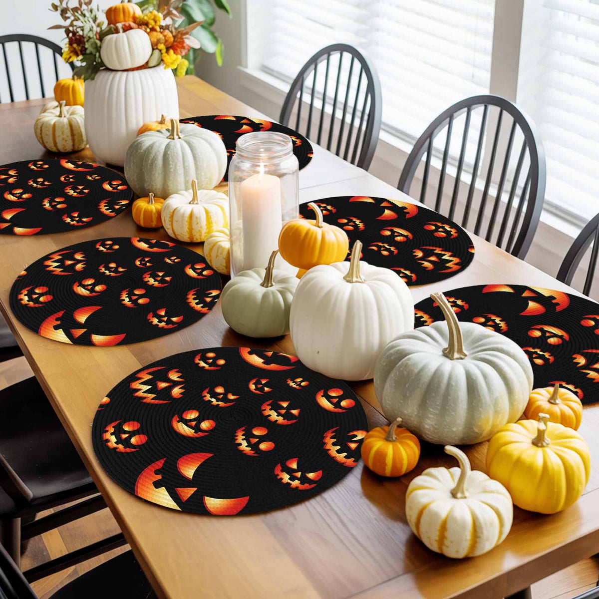 Halloween Round Placemats Set of 4 Spooky Jack-O-Lanterns Place Mats Washable Woven Placemat Orange Black Scary Pumpkin Grimace Circle Braided Table Mat for Kitchen Dining Table Party Decor 15 Inch