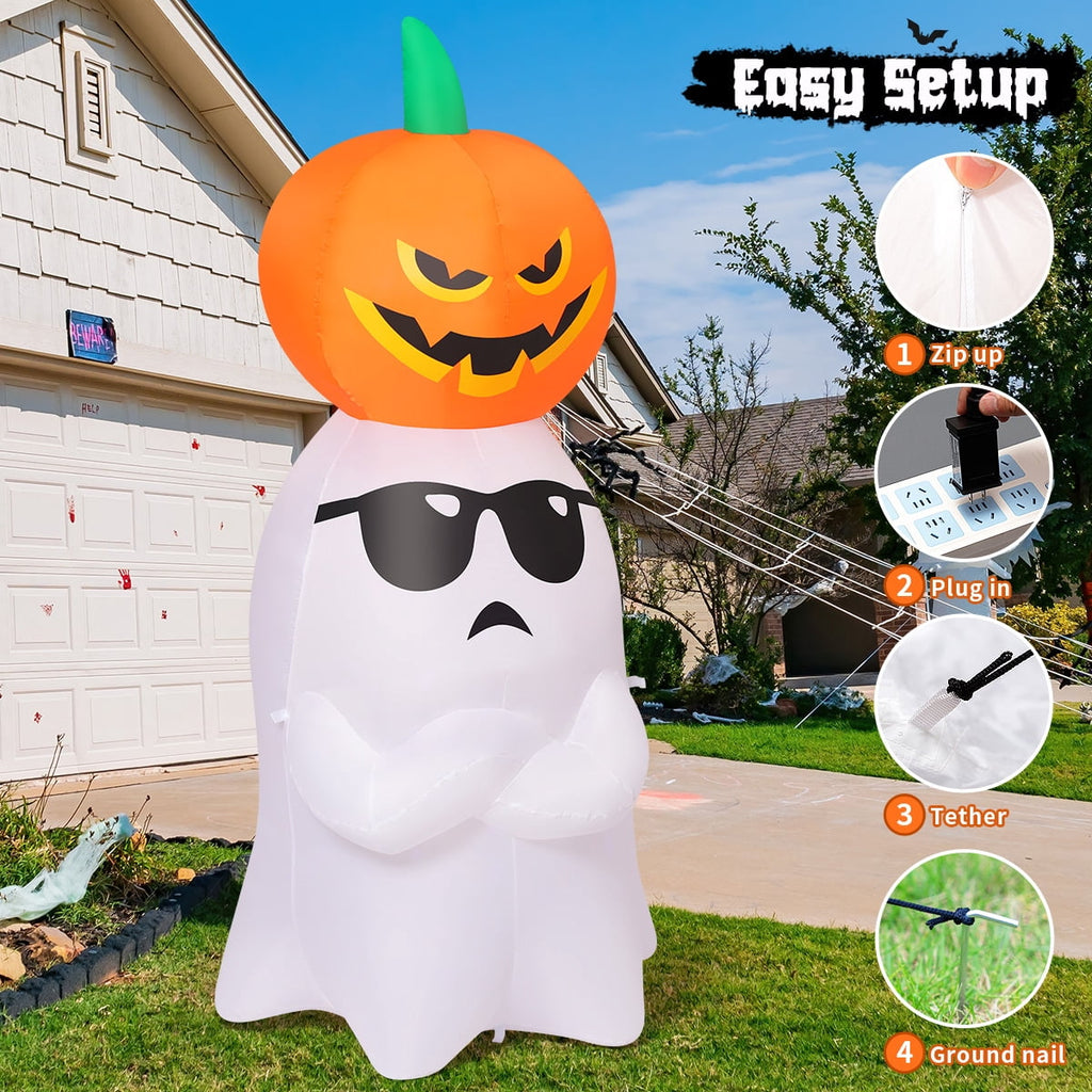 GOOSH Halloween Inflatables 6 FT Inflatable Ghost with Pumpkin, Cute Halloween Ghost Inflatable Halloween Decoration with LED Lights, Outdoor Halloween Decorations Blow up Ghost for Holiday Party