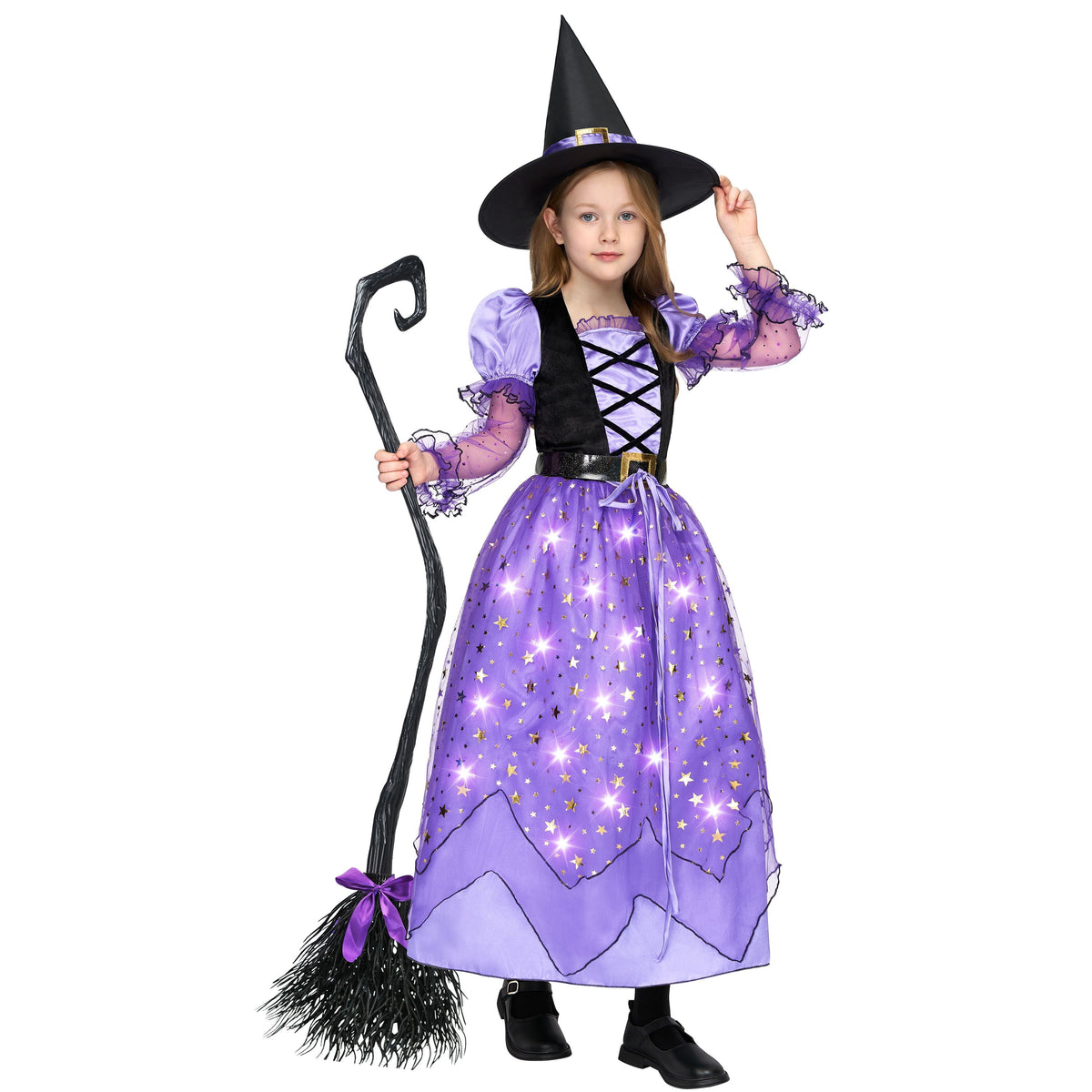 Joyfy Light Up Witch Costume Set for Girls, Starry Witch Dress with Broom Belt Hat for Kids and Toddlers, Perfect for Halloween Party Dress-Up Cosplay (5-12 Years)