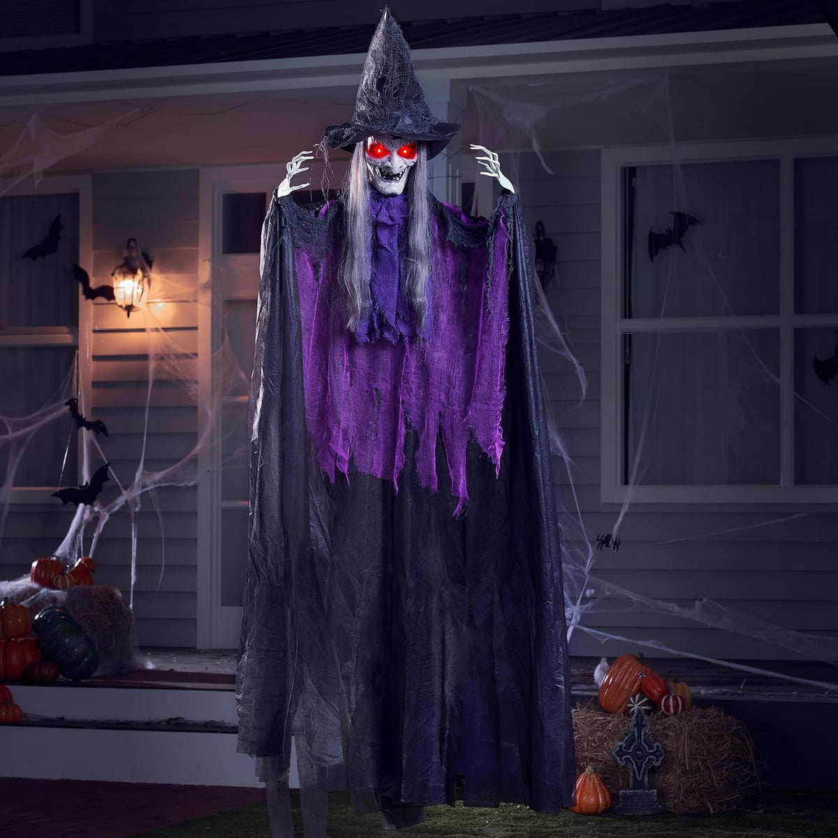 Joyfy 47" Halloween Decorations Outdoor,Life Size Animated Witch Scary Decorations Halloween Motion Activated Witch with LED Eyes & Sound,Haunted House Decor