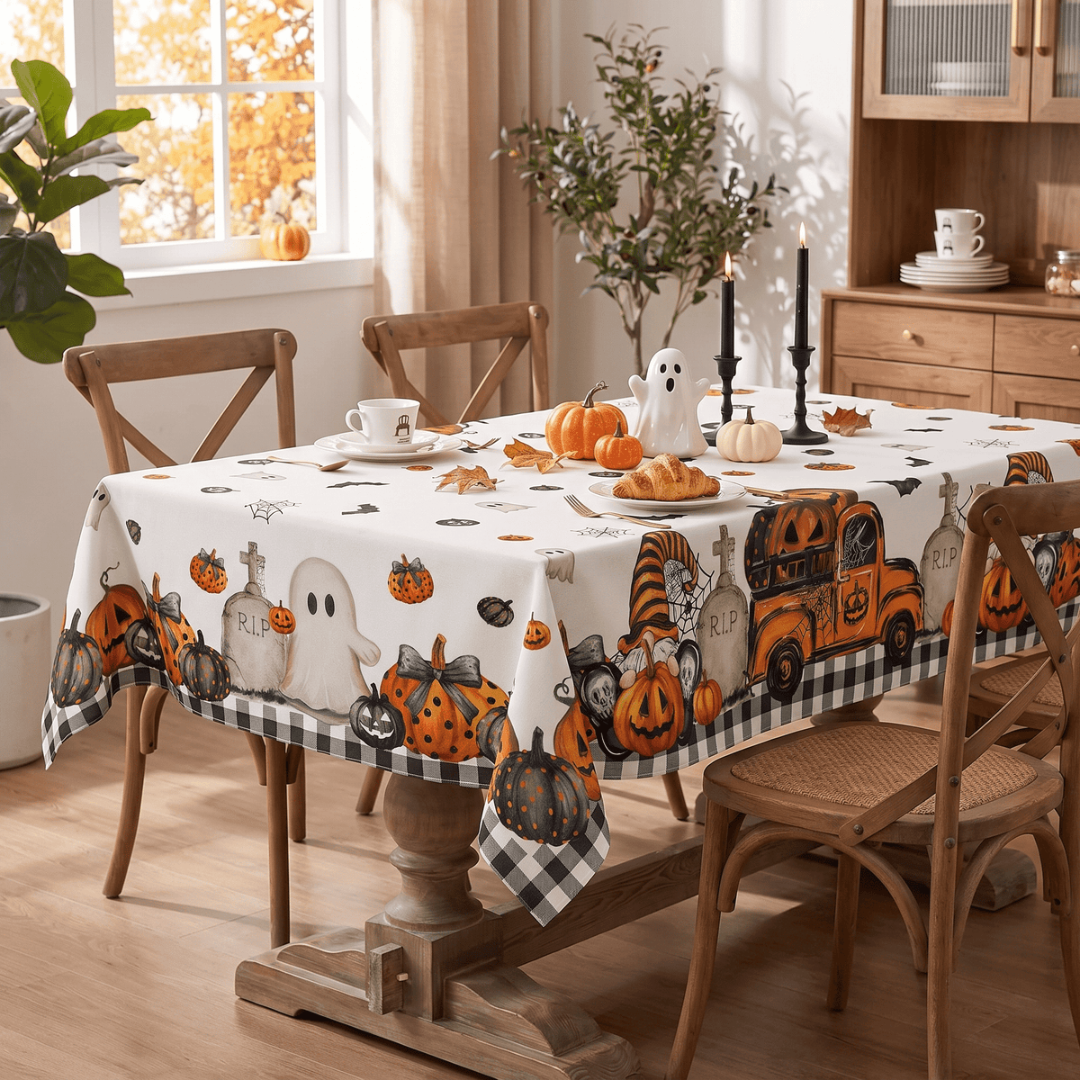 Sm:)e Truck Jack O Lantern Pumpkin Bat Buffalo Plaid Halloween Tablecloth 60 x 84 Inch, Wrinkle-Resistant Table Cover for Dining Decor, Rectangle
