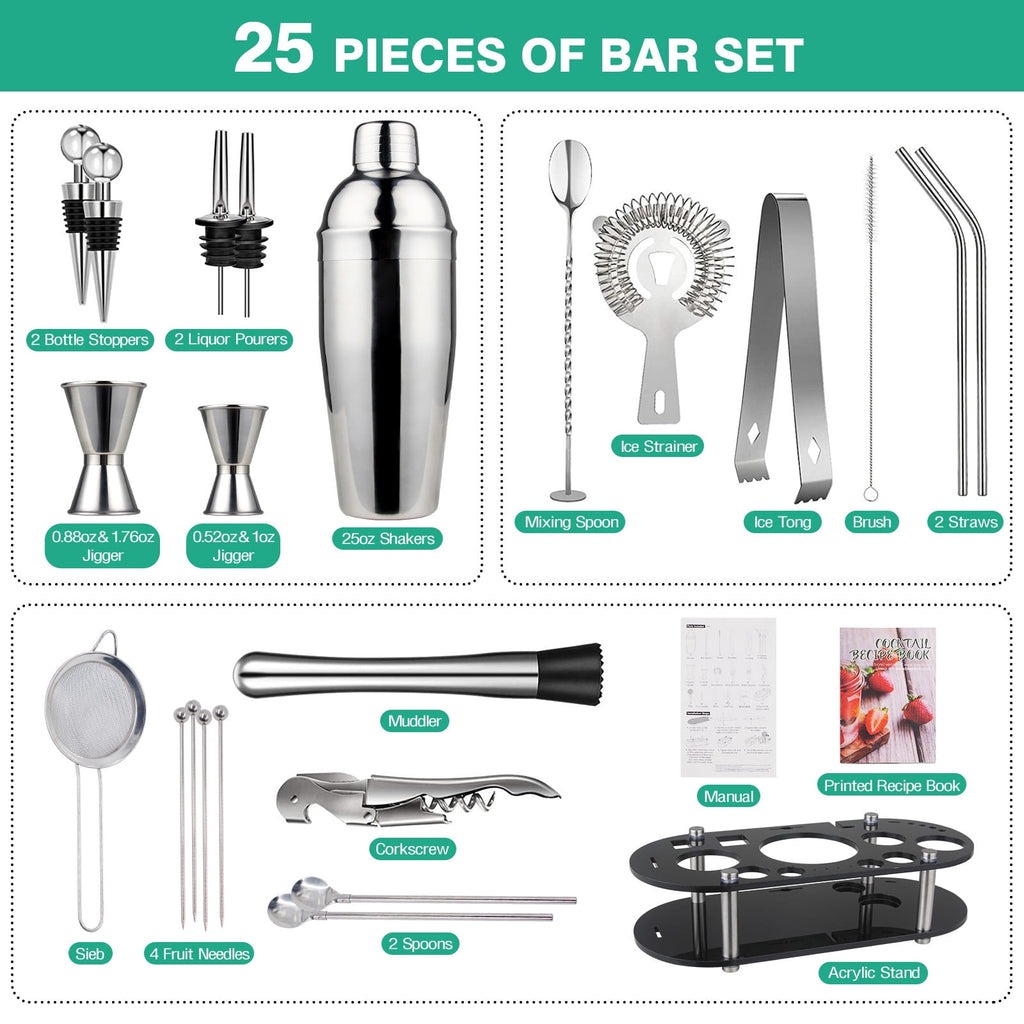 Biemlerfn 25-Piece Cocktail Shaker Set, Mixology Bartender Kit with Acrylic Stand Stainless Steel Bar Tools, Full Bartender Accessories and Recipe Book
