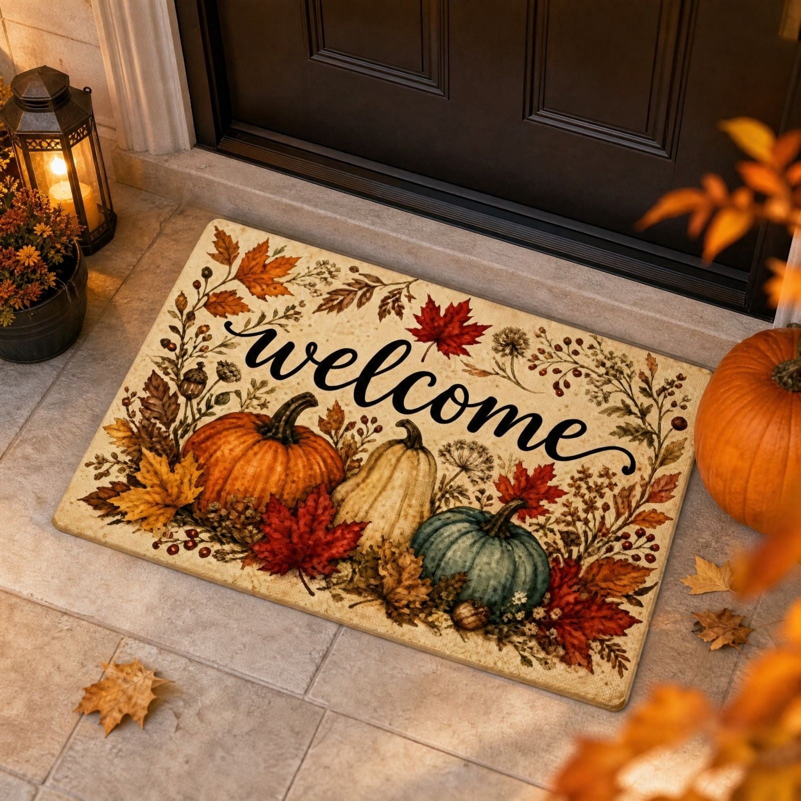 syligr Halloween Thanksgiving Doormat with Maple Leaf & Pumpkin Patterns - Non-Slip Floor Mat for Entryway, Kitchen, Porch, Fall Harvest Decor Rug with Anti-Fatigue Backing, Gift for Thanksgiving