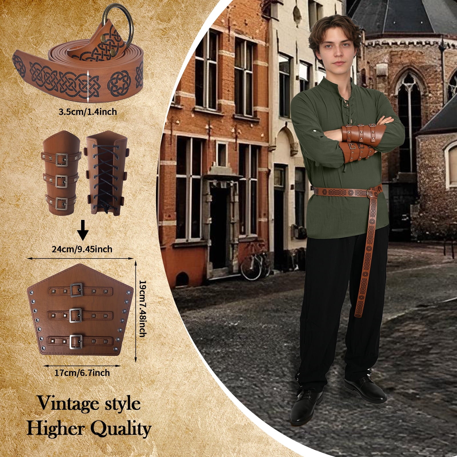 MYATED 5 Pcs Halloween Men's Renaissance Costume Set Medieval Pirate Shirt Ankle Banded Pants Viking Costume Accessories Set,Black,M