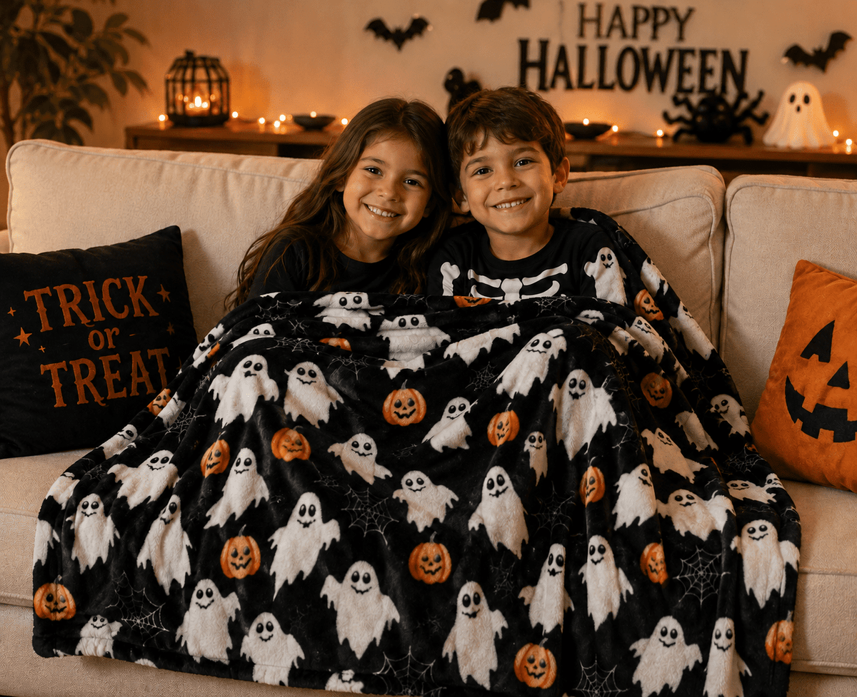 Serafina Home Halloween Throw Blanket: Fuzzy Boo! Jack O'Lantern Spider Webs Skull and Black Cats Print on Velvet Fleece for Sofa Bed Couch Chair Dorm