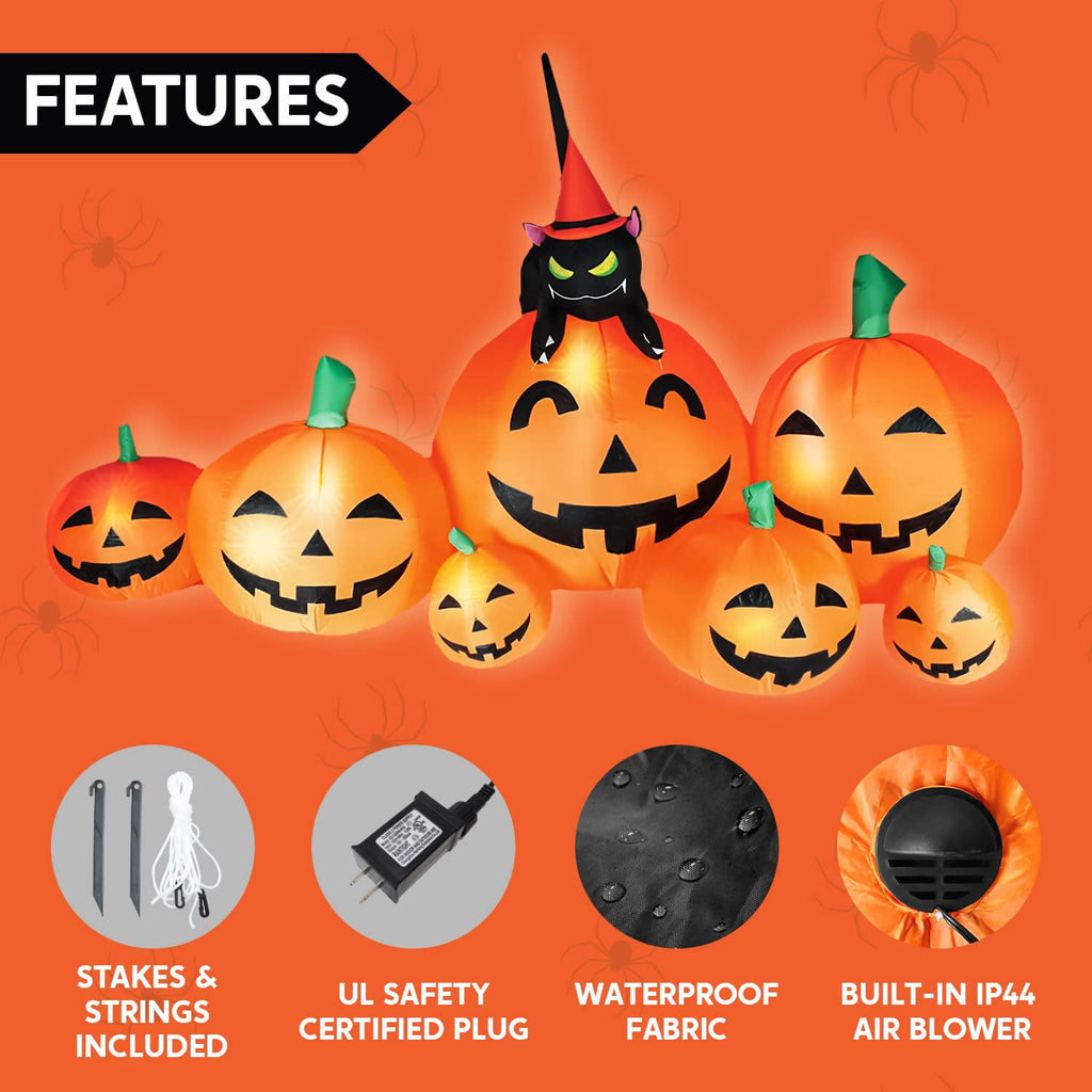 Joyfy 7 ft Halloween Inflatable Long Pumpkin with Witch's Cat Decorations Inflatables with Build-in LEDs,Halloween Decor Outdoor Blow Up Yard Decorations