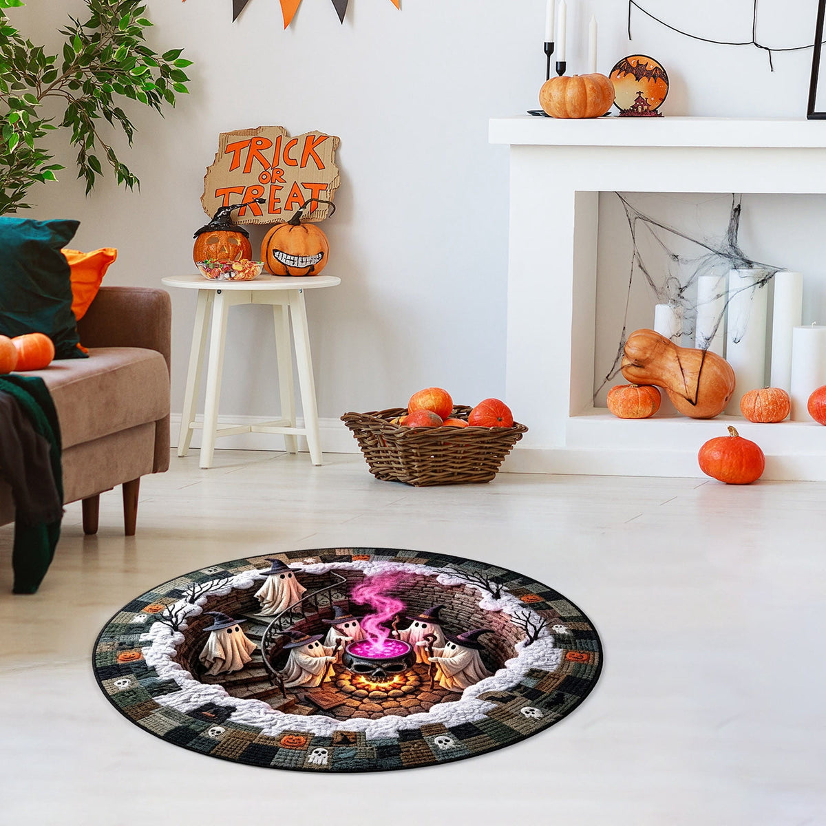 Halloween Round Rug Optical Ghost Pumpkin Mat 15.75in Diameter Polyester Skidproof & Soft for Entryway Bedroom Party by MPOISVA