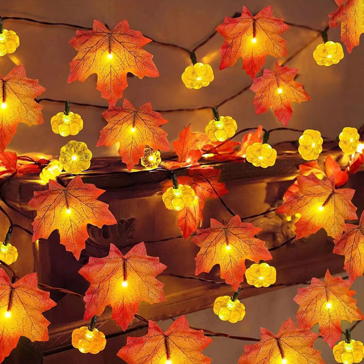 Darzheoy Fall Pumpkin Garland Lights Fall Decorations Realistic Larger Maple Leafed String Light, Fall Lights Battery Operated Indoor Home Outdoor Thanksgiving Christmas Decor