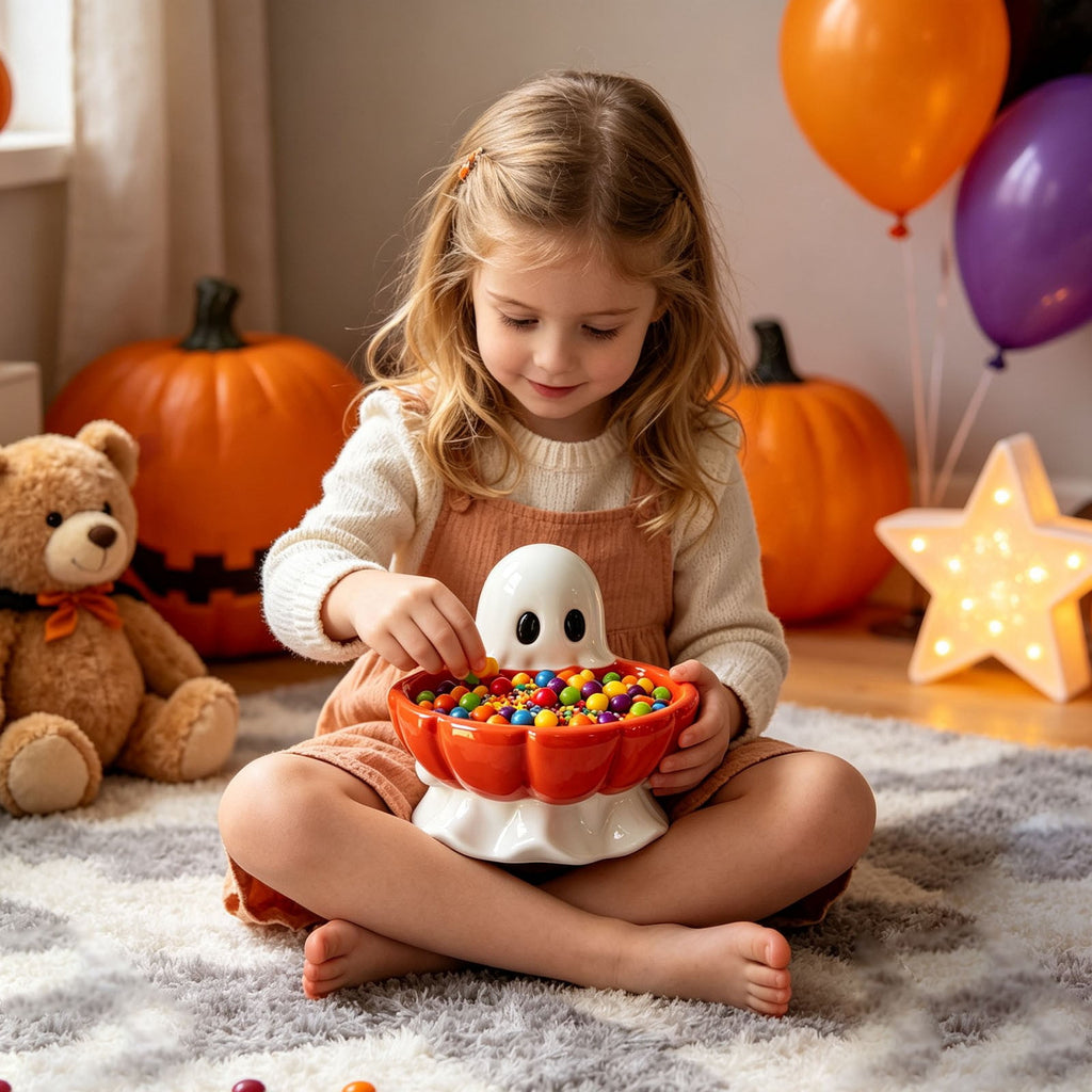 Pink Halloween Decor Ghost Candy Bowl Figurine with Bow and Scalloped Holder for Indoor Tabletop Decor and Party Favor Display