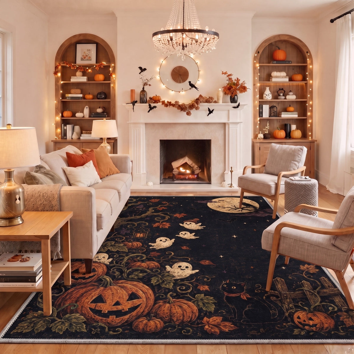 GENIMO 5'x7' Halloween Area Rug for Living Room, Washable Non Slip Soft Farmhouse Pumpkin Indoor Rug for Bedroom Dining Room Home Office, Vintage Sepia