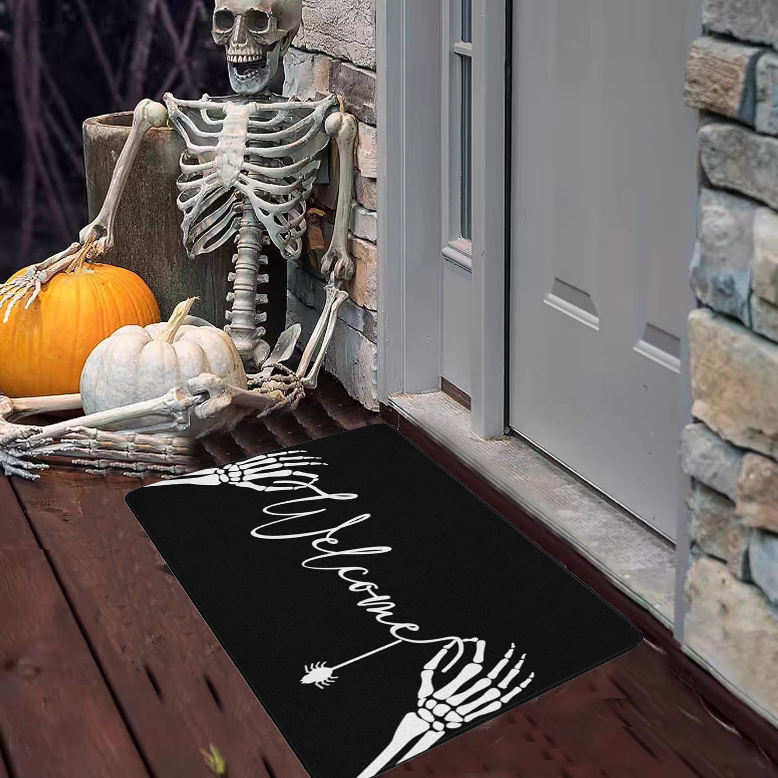Orange Plaid Fall Outdoor Mat, Hand-Woven Porch Rug for Thanksgiving Halloween Door Decor