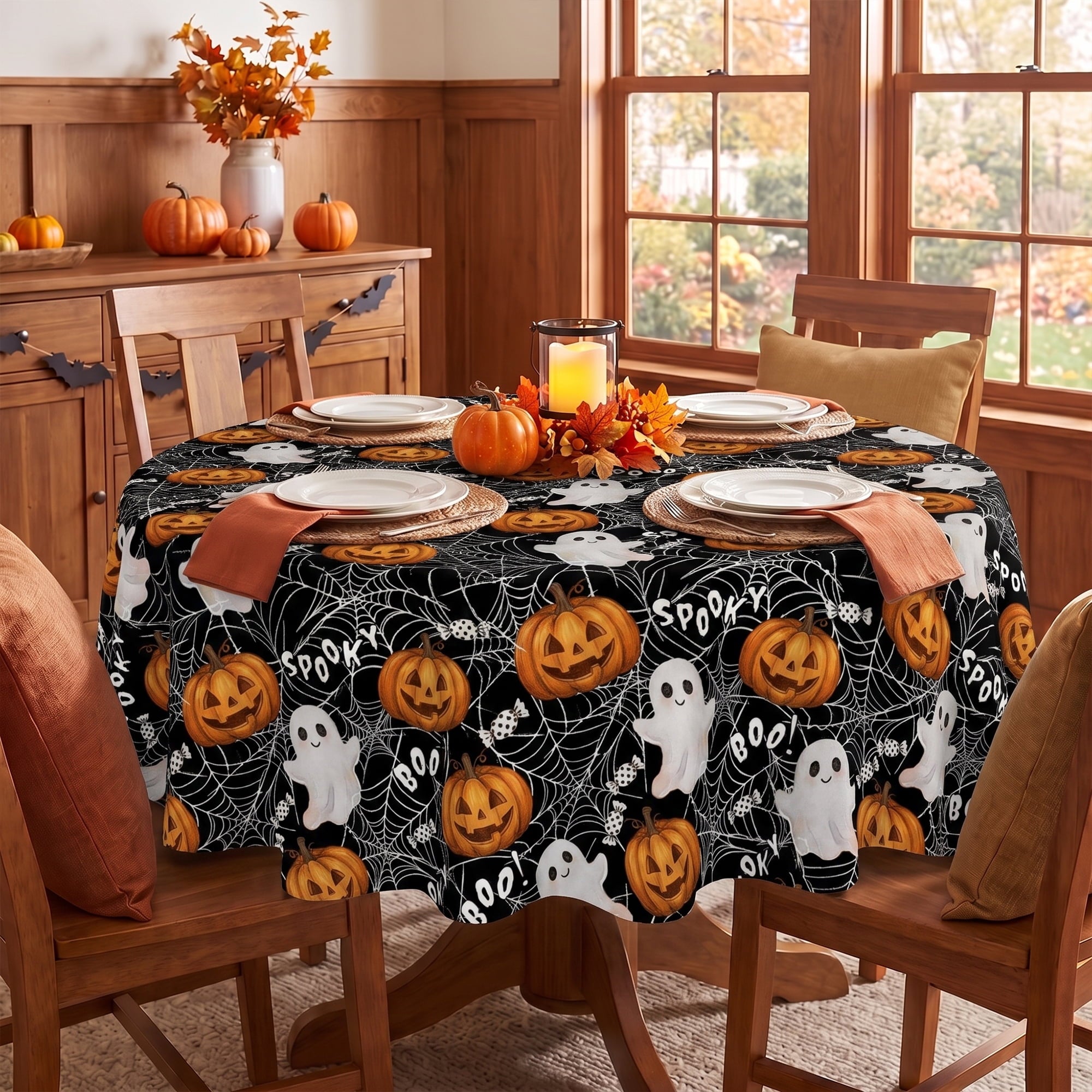 Sm:)e Ghost Bat Pumpkin Spider Web Halloween Tablecloth 60x84 Inch, Wrinkle-Resistant & Machine Washable Table Cover for Dining Decor, Rectangle
