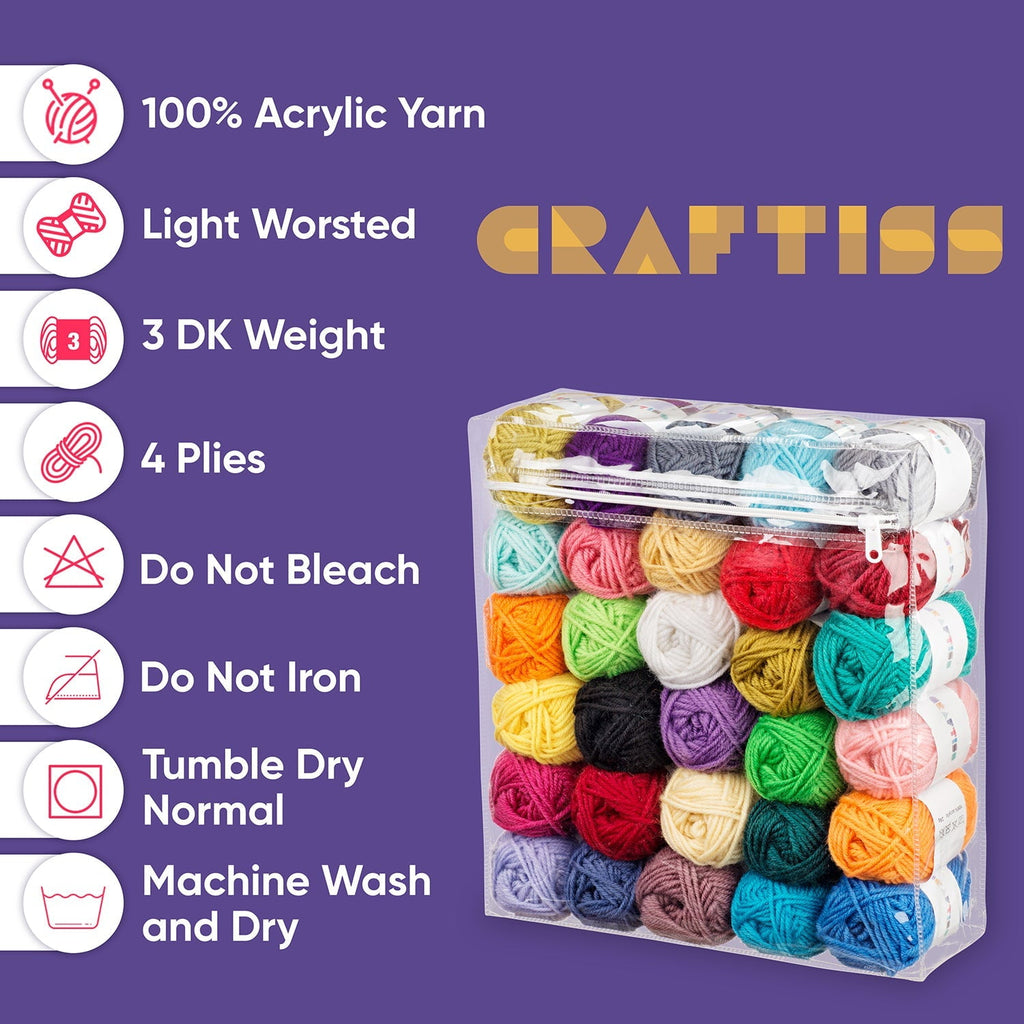 Craftiss Acrylic Yarn for Crochet - 30*0.7 Oz Skeins Unique Colors - Bulk Yarn Kit - 1300 Yards - Perfect for Any Mini Project