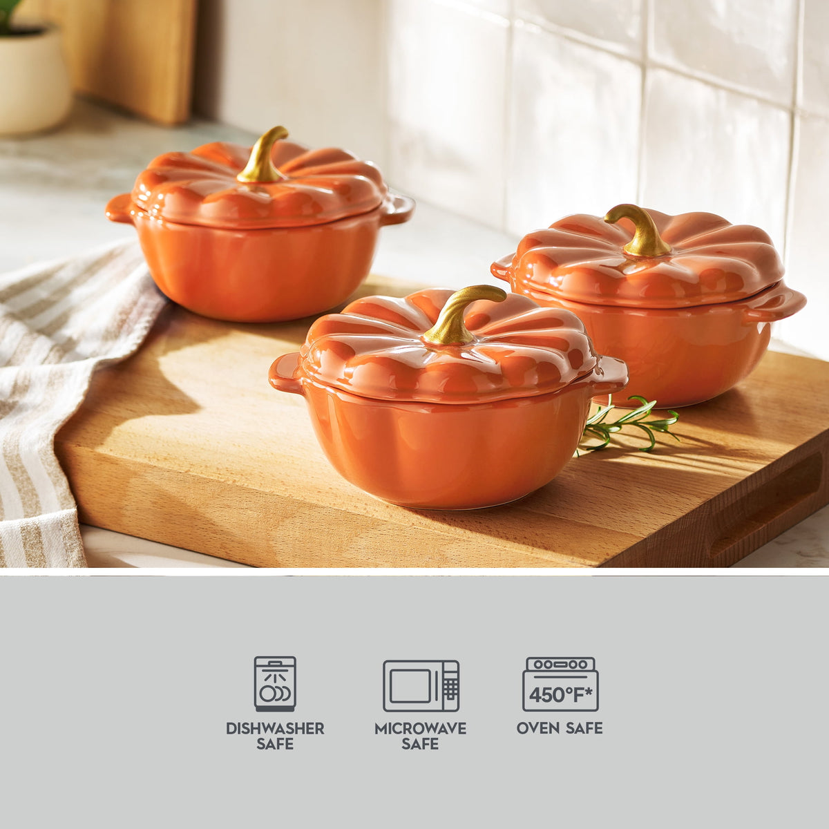 The Pioneer Woman 0.5 Qt Pumpkin Stoneware Mini Cocottes Set with Side Handles, Linen Finish, Set of 3