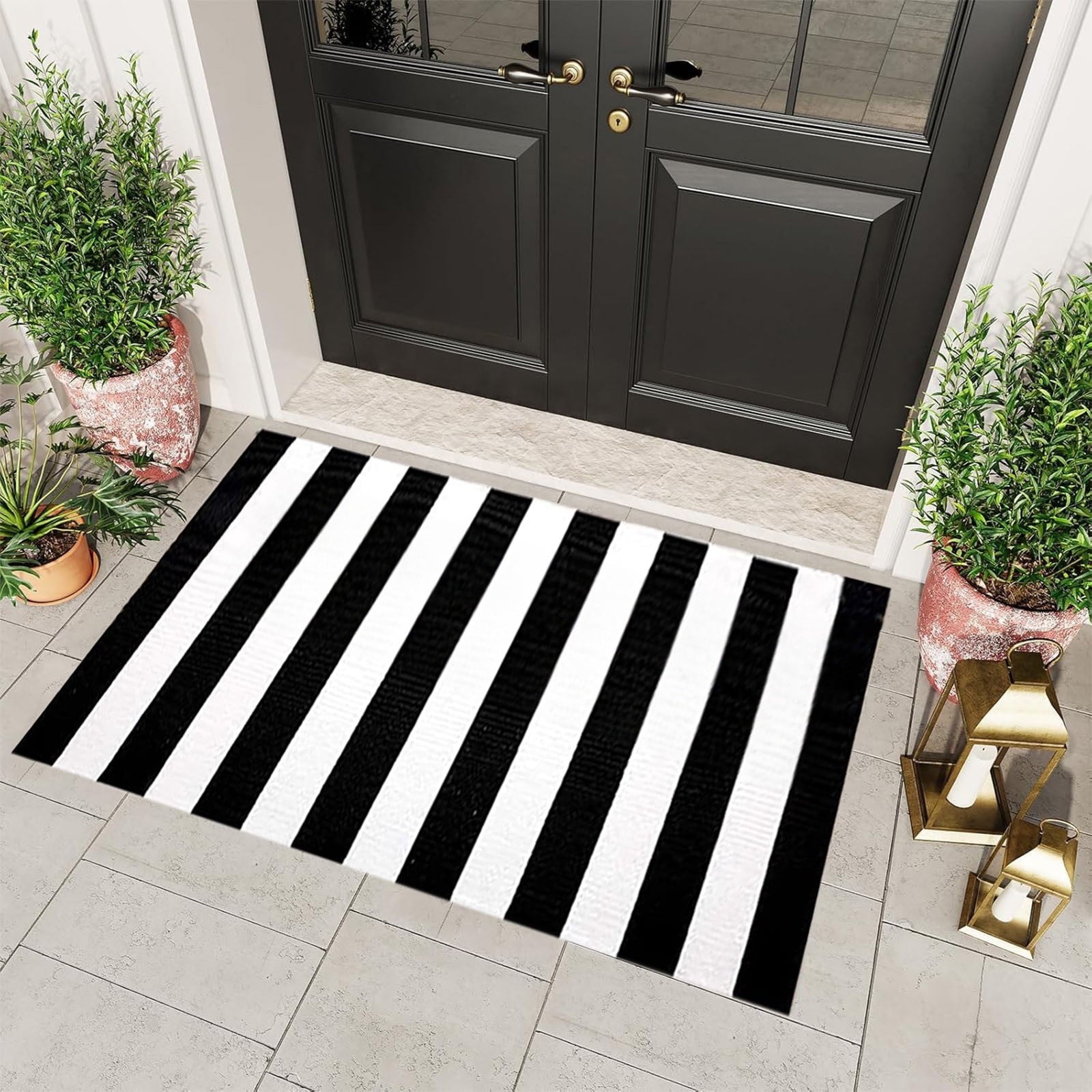 Guozer Fall Outdoor Rug Orange Plaid Outdoor Rug Cotton Hand-Woven Check Rug Layered Doormats For Front Door/Front Porch/Farmhouses/Entryway/Patio 23.6''x 35.4''