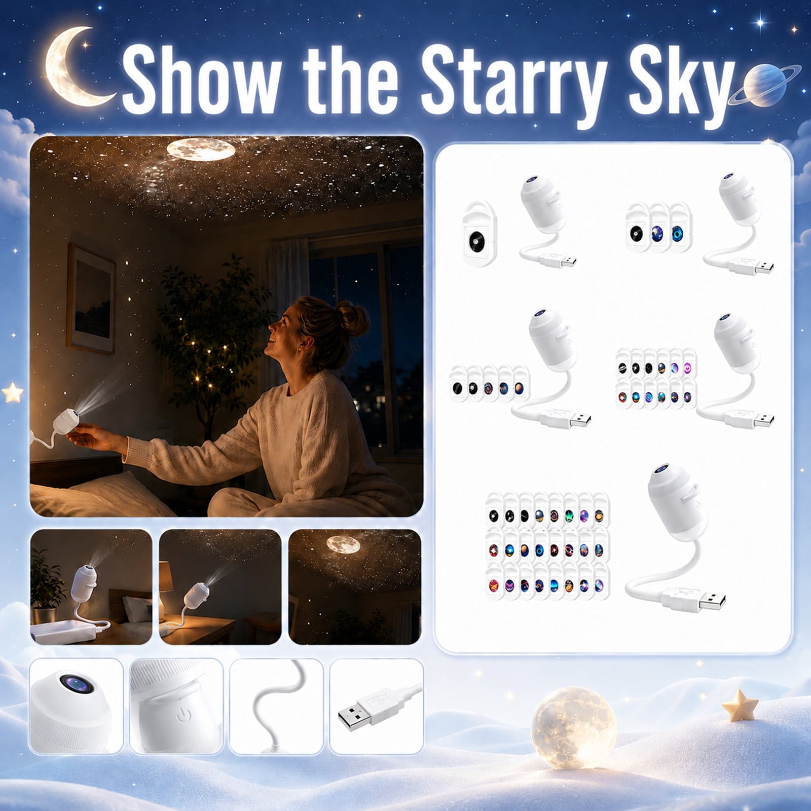 2026 NEW HD Smart Dynamic 5D Holographic Night Light Projector, 2-in-1 Galaxy Star & Ocean Ceiling Projector with 1 HD Films, 360° Flexible USB Powered Ambient Light for Bedroom & Room Decor